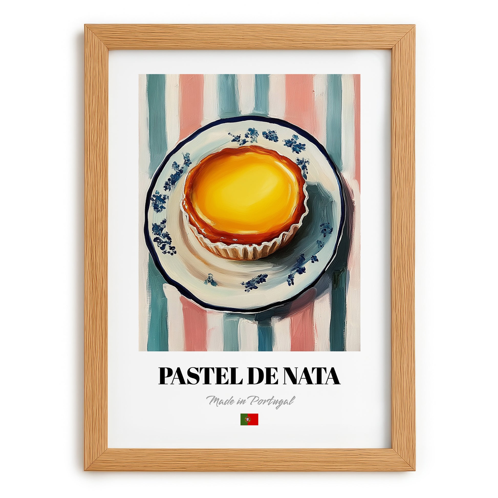 Pastel de Nata – on Striped Tablecloth, Portuguese Dessert Painting, set in oak frame