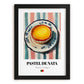Pastel de Nata – on Striped Tablecloth, Portuguese Dessert Painting, in sleek black frame