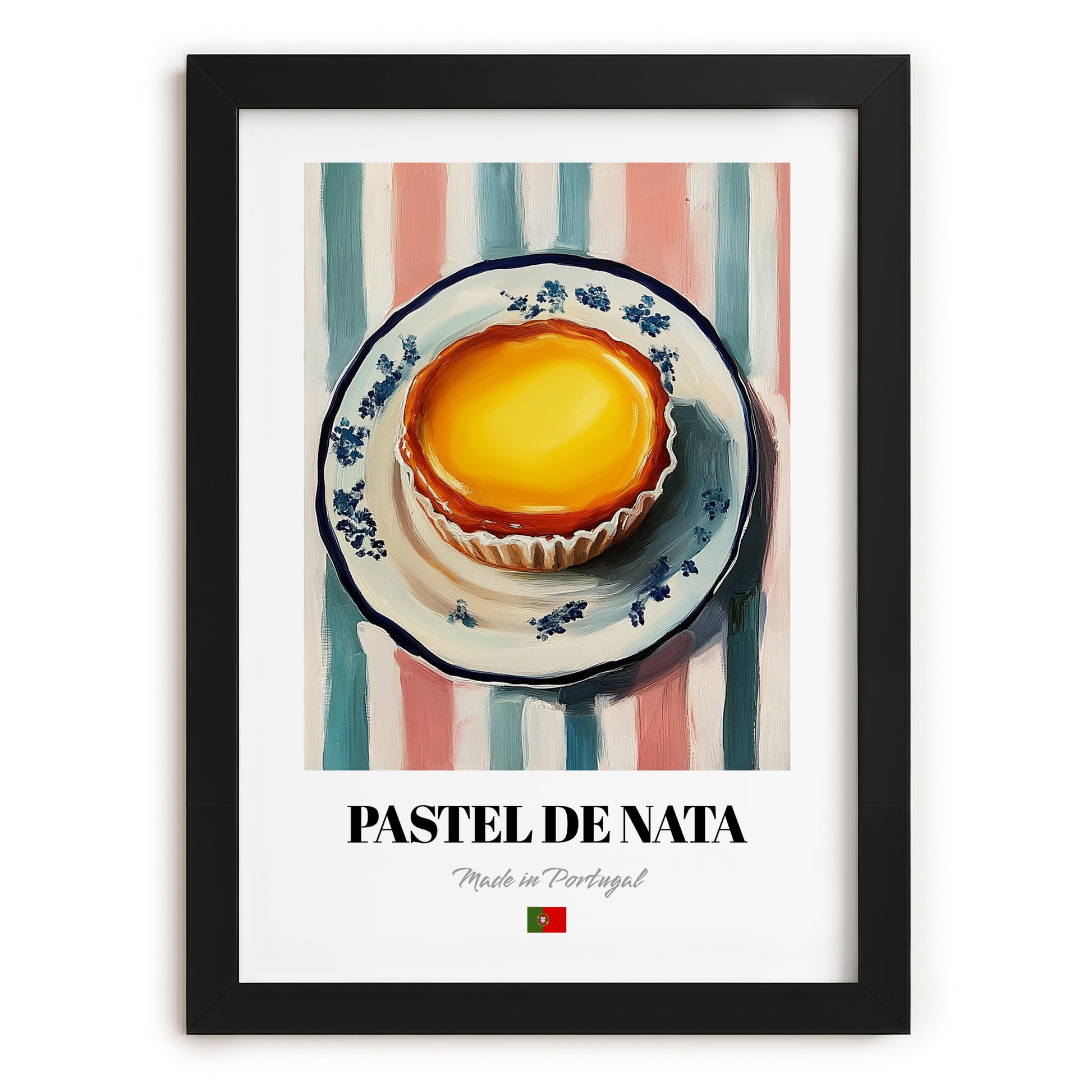 Pastel de Nata – on Striped Tablecloth, Portuguese Dessert Painting, in sleek black frame