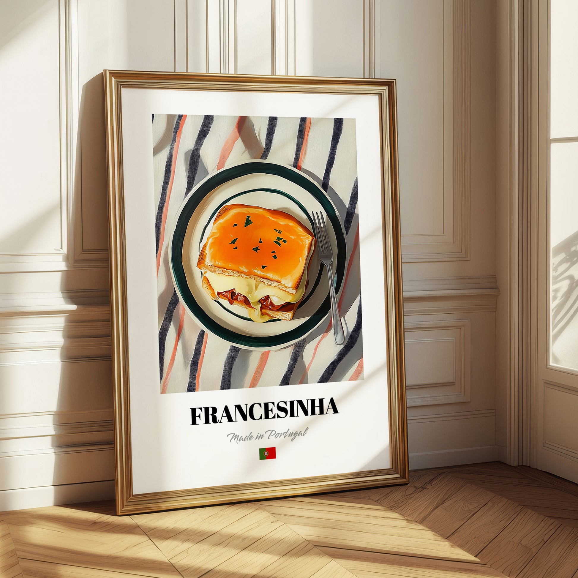 Francesinha – on Striped Tablecloth, Portuguese Food Painting