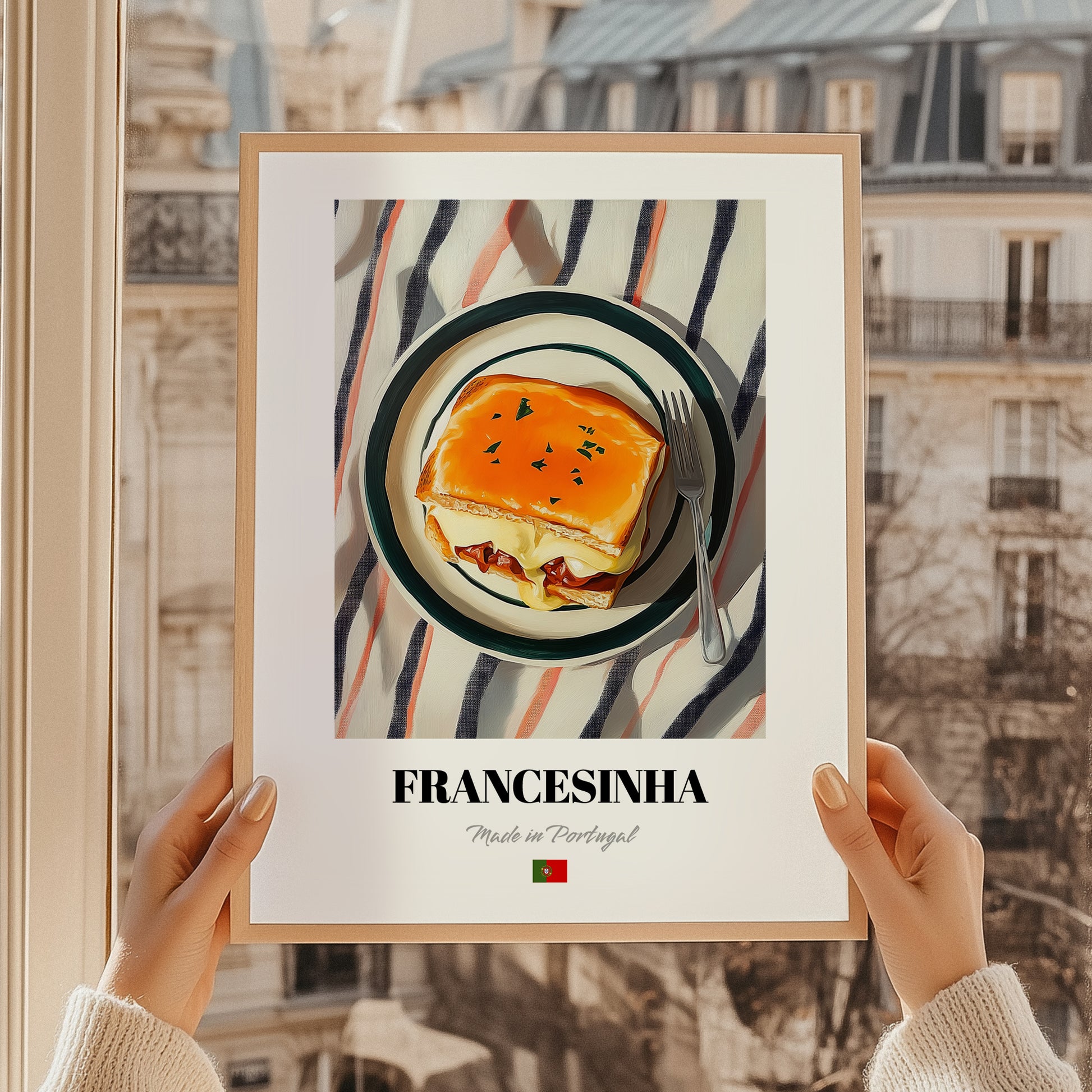 Francesinha – on Striped Tablecloth, Portuguese Food Painting, styled in a charming Paris street view