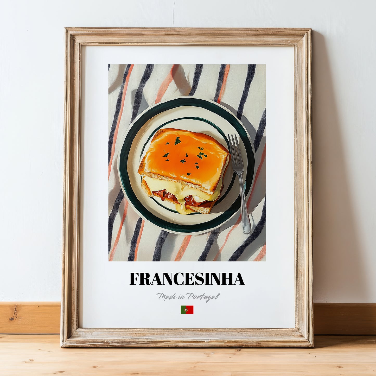 Francesinha – on Striped Tablecloth, Portuguese Food Painting, in wooden frame leaning on the floor