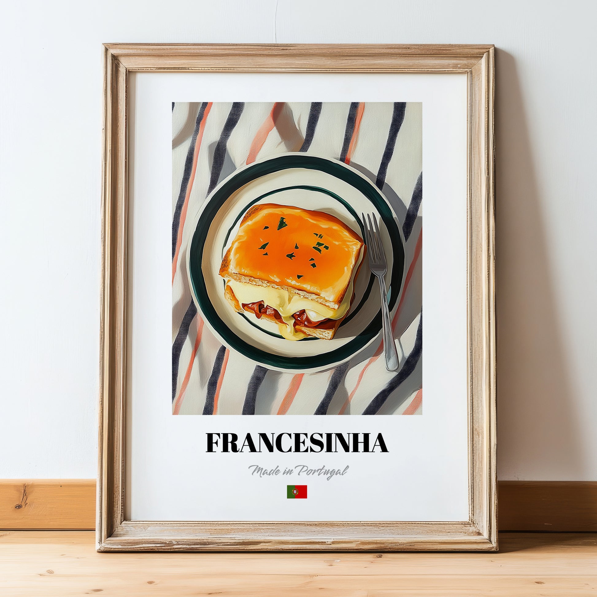 Francesinha – on Striped Tablecloth, Portuguese Food Painting, in wooden frame leaning on the floor