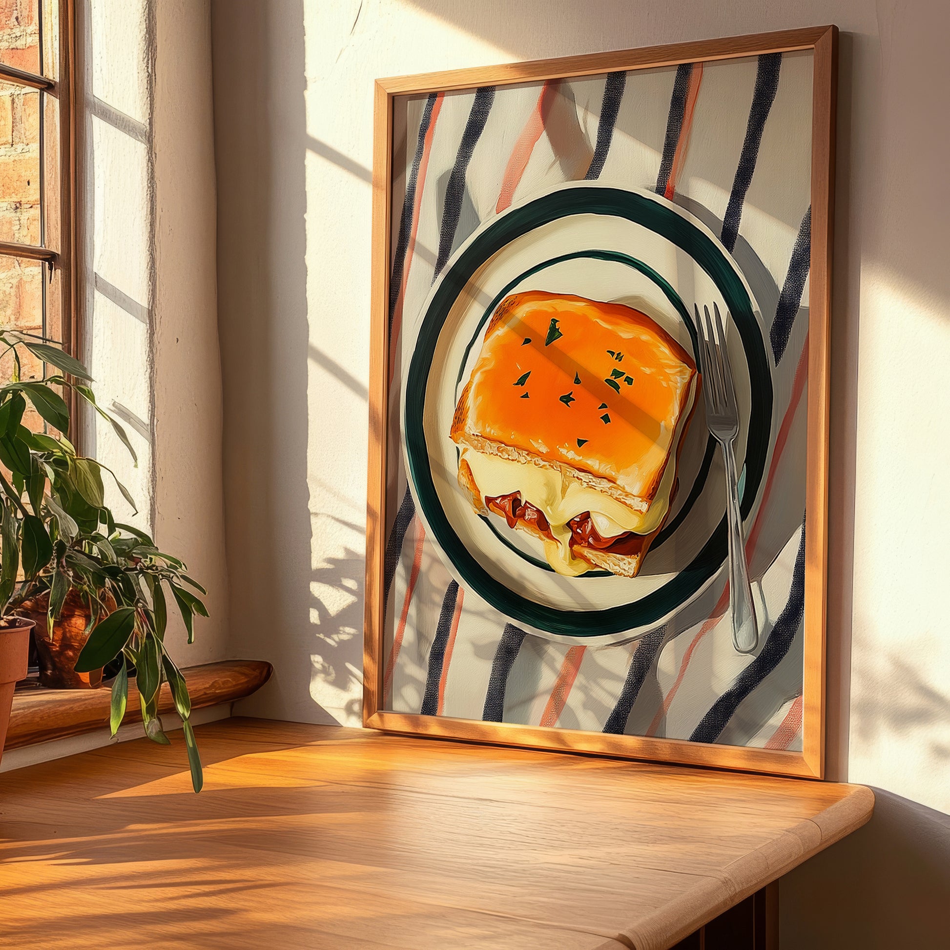 Francesinha – on Striped Tablecloth, Portuguese Food Painting, clean layout with no caption
