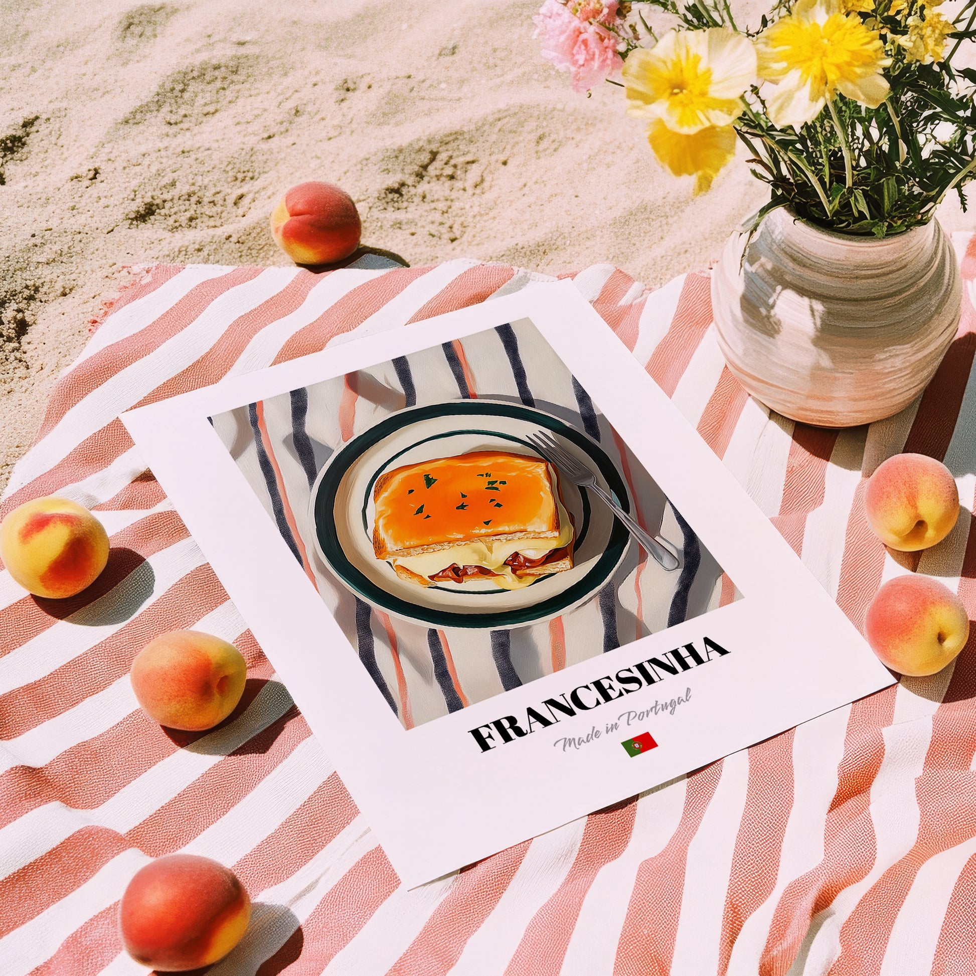 Francesinha – on Striped Tablecloth, Portuguese Food Painting, unframed on coastal sand