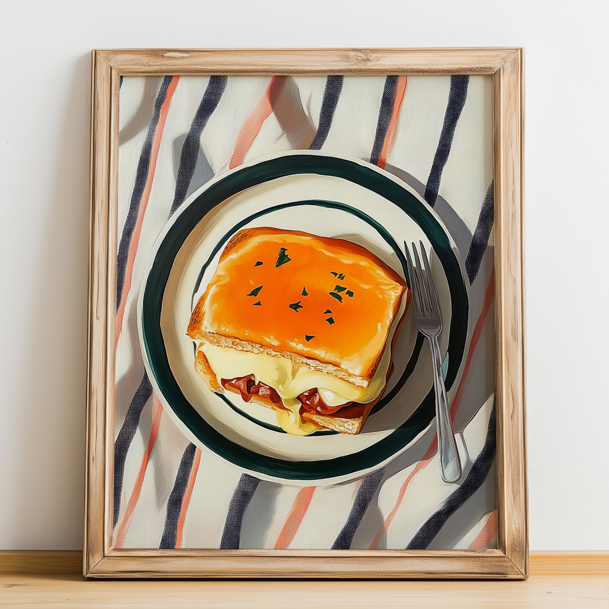 Francesinha – on Striped Tablecloth, Portuguese Food Painting, no-text version framed in wood