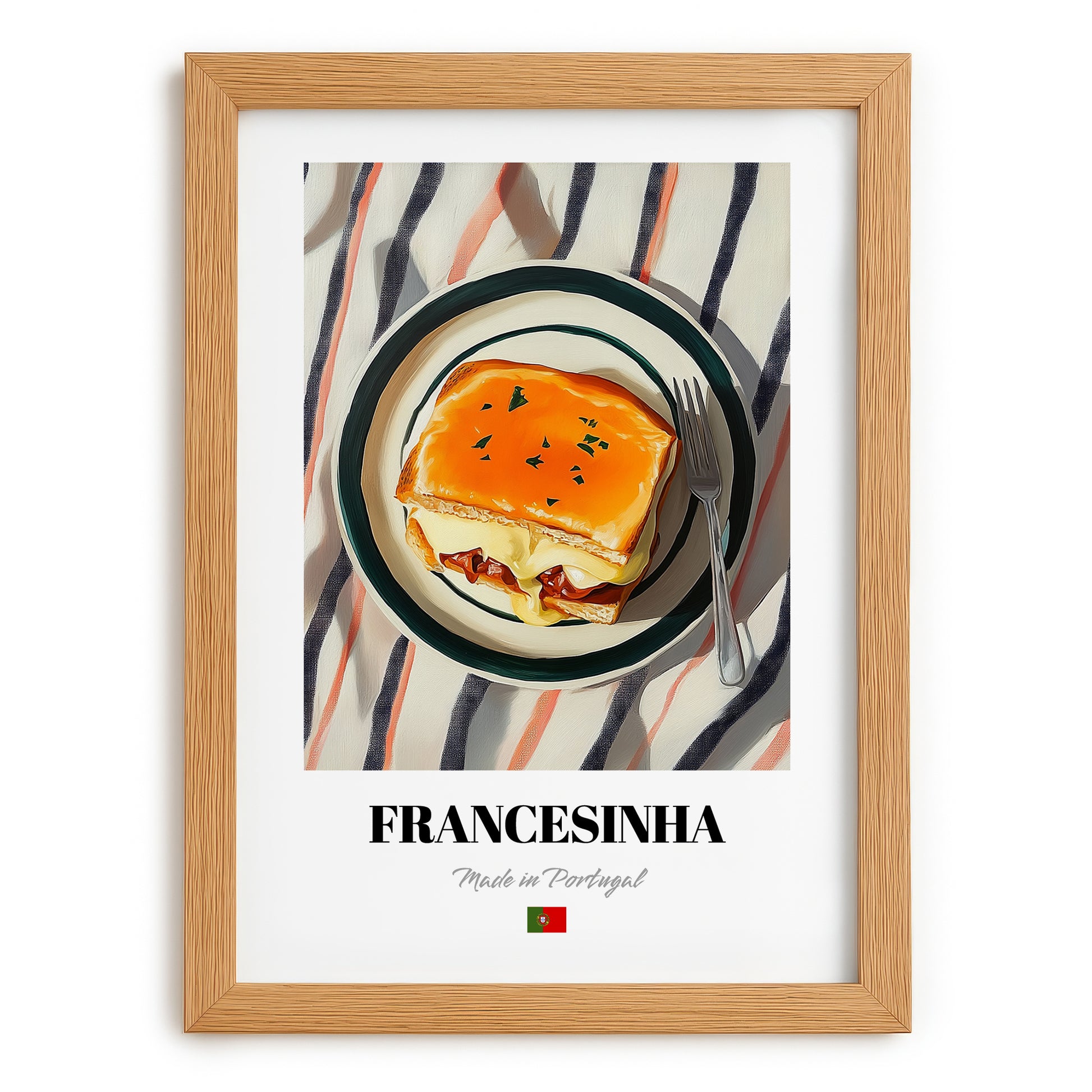 Francesinha – on Striped Tablecloth, Portuguese Food Painting, set in oak frame