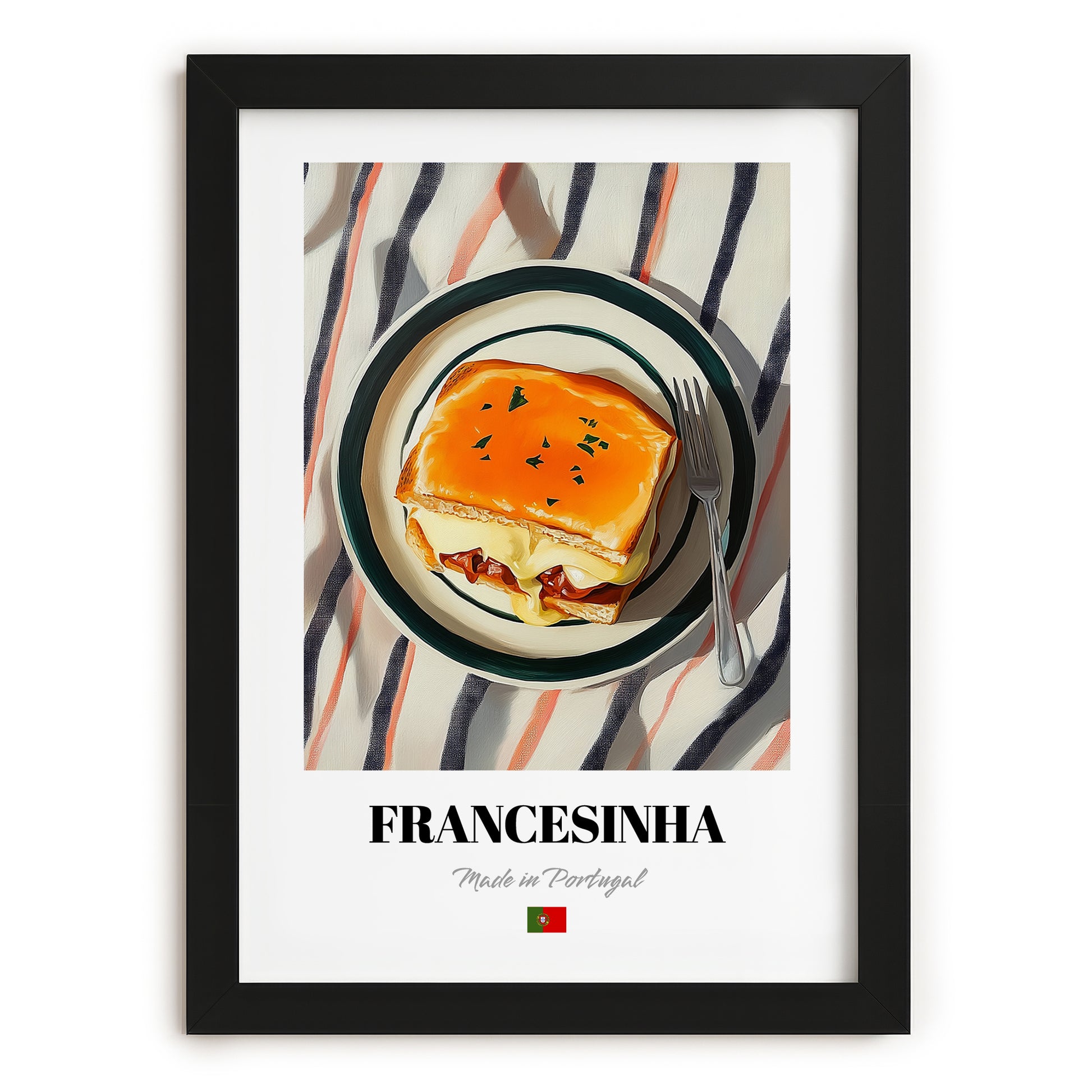 Francesinha – on Striped Tablecloth, Portuguese Food Painting, in sleek black frame