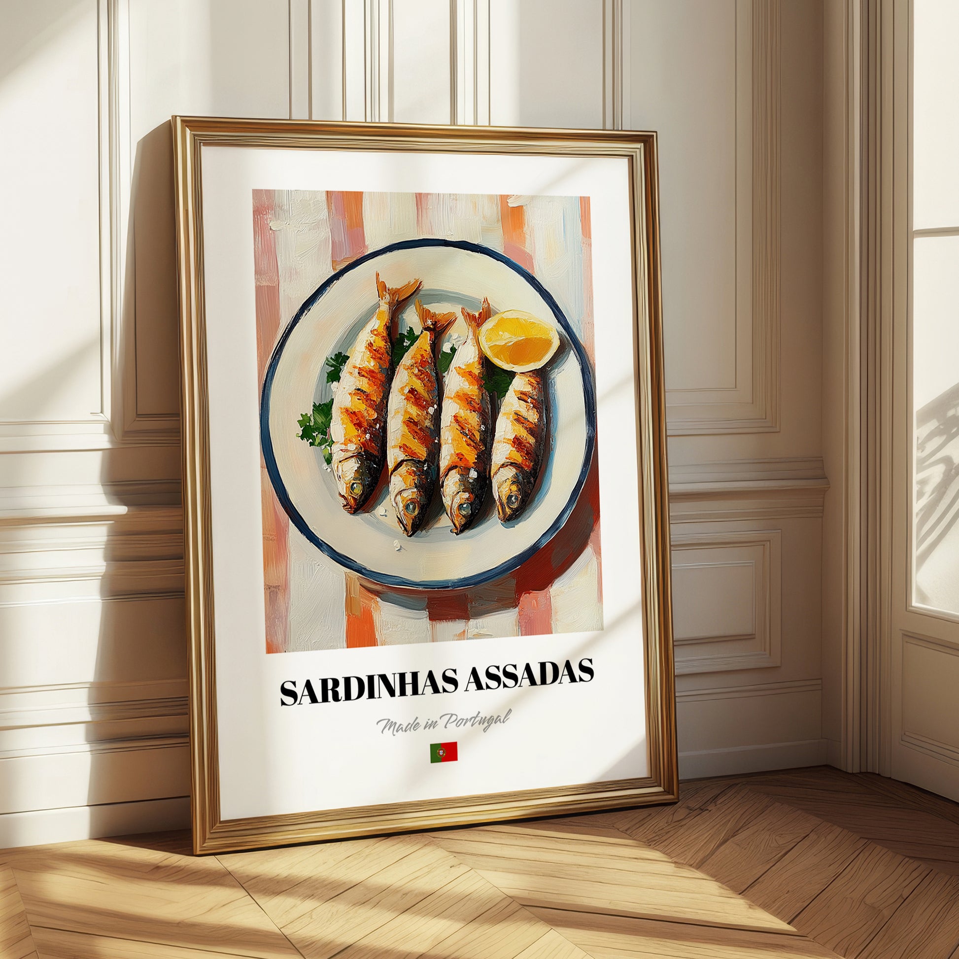 Sardinhas Assadas – on Striped Tablecloth, Portuguese Food Painting