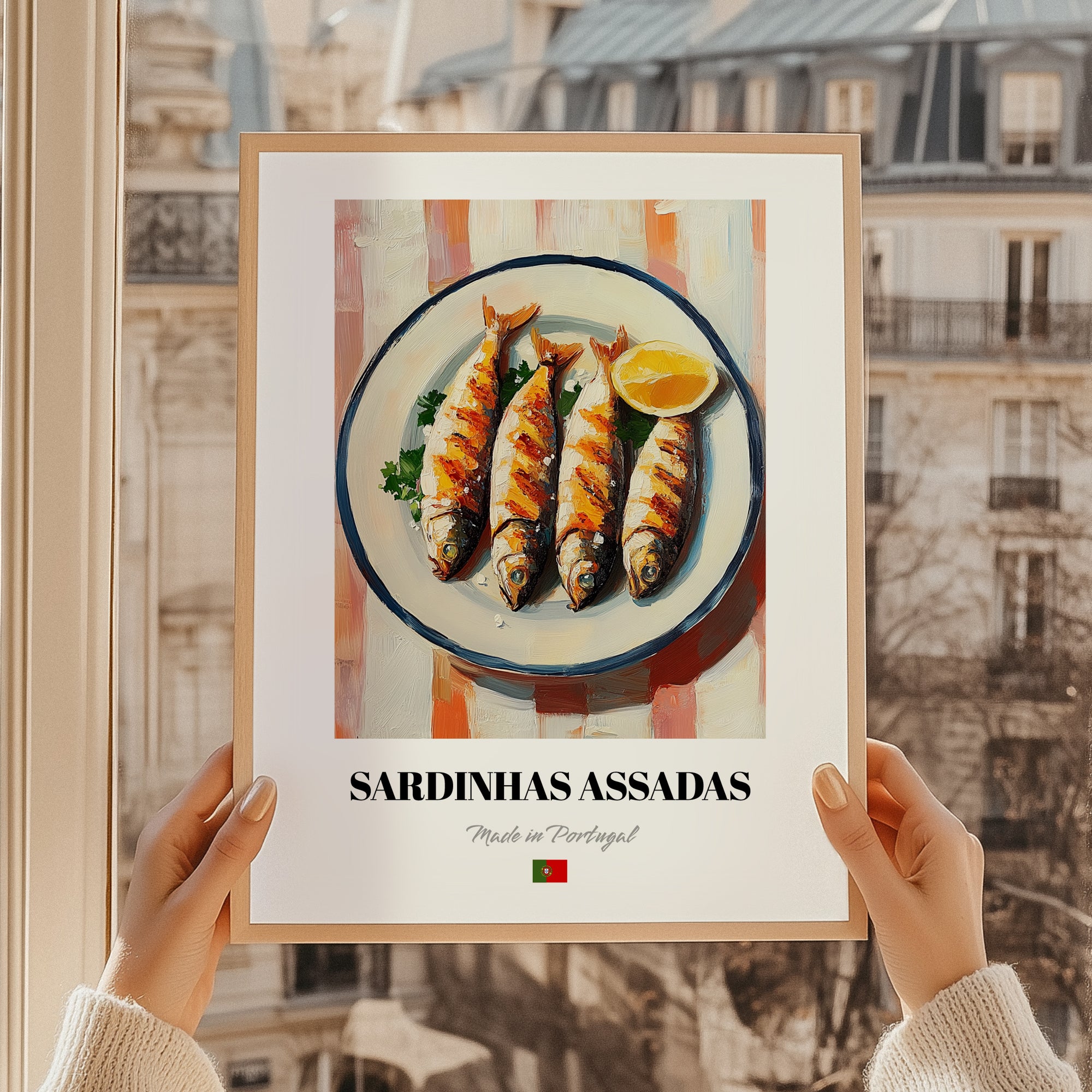 Sardinhas Assadas – on Striped Tablecloth, Portuguese Food Painting, styled in a charming Paris street view