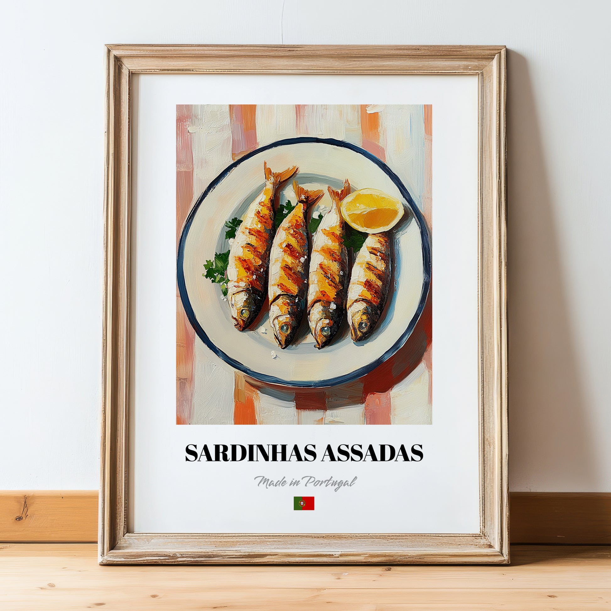 Sardinhas Assadas – on Striped Tablecloth, Portuguese Food Painting, in wooden frame leaning on the floor