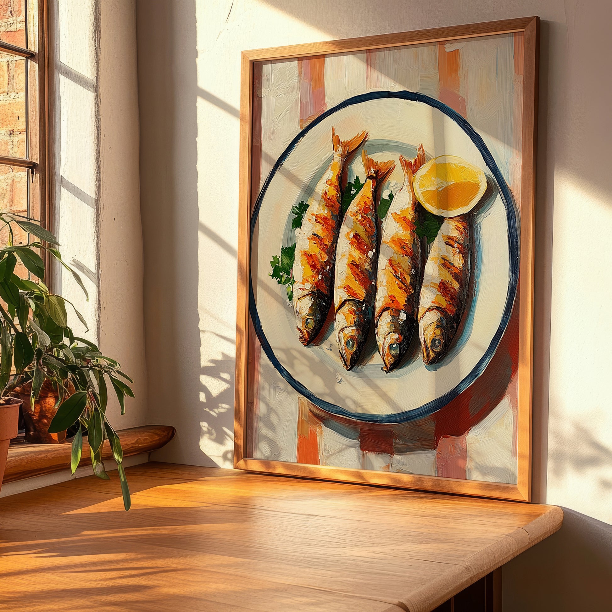 Sardinhas Assadas – on Striped Tablecloth, Portuguese Food Painting, clean layout with no caption