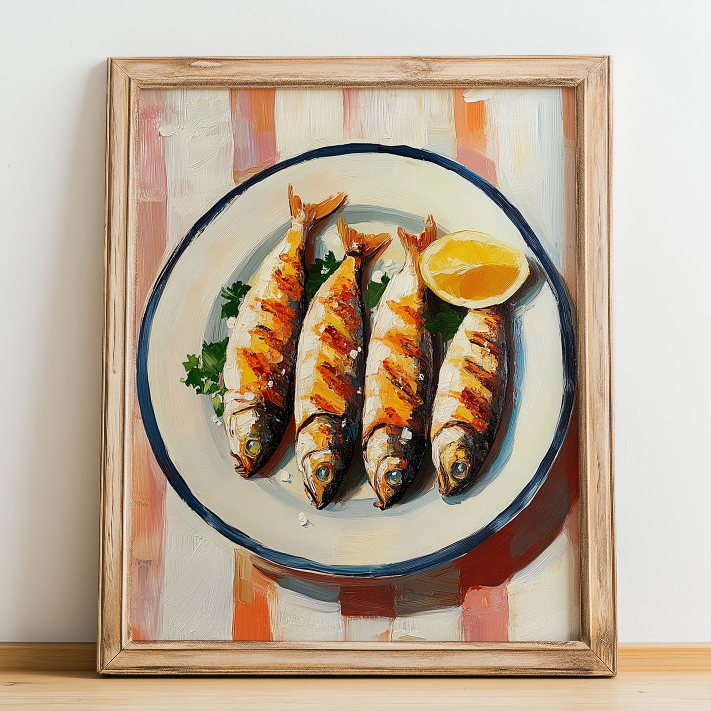 Sardinhas Assadas – on Striped Tablecloth, Portuguese Food Painting, no-text version framed in wood