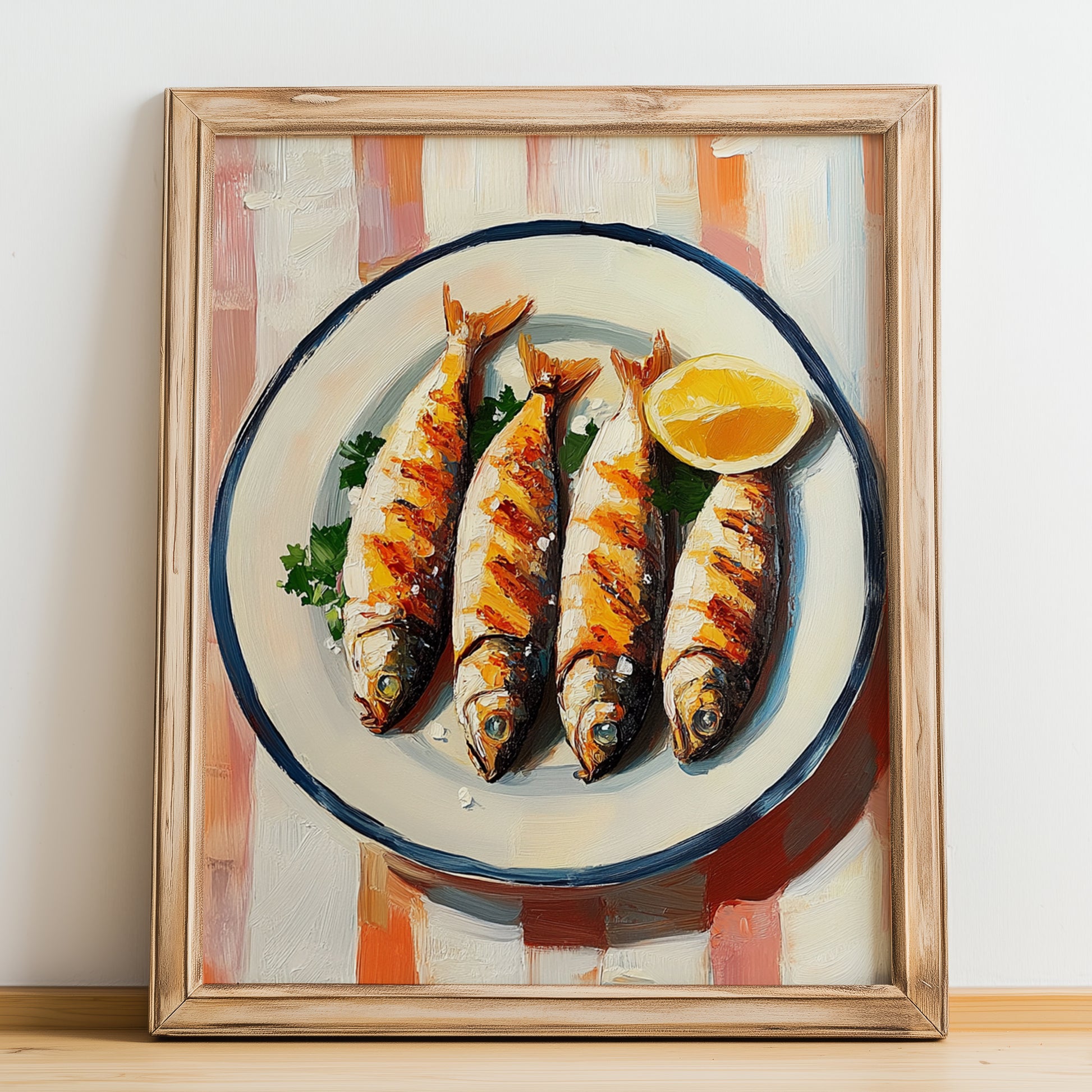 Sardinhas Assadas – on Striped Tablecloth, Portuguese Food Painting, no-text version framed in wood