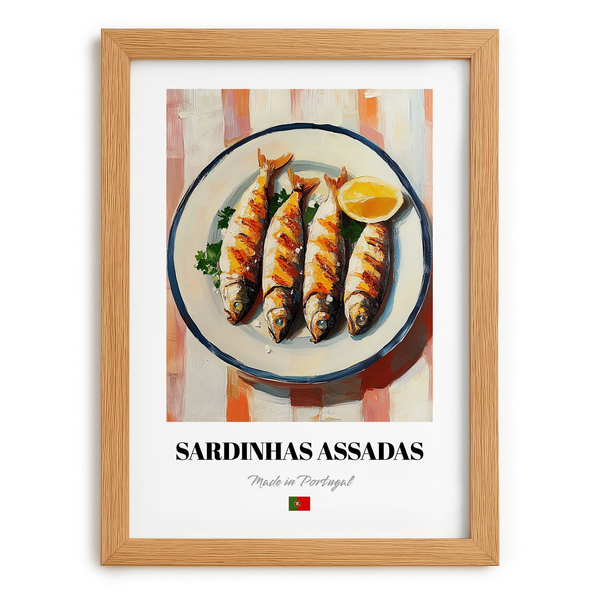 Sardinhas Assadas – on Striped Tablecloth, Portuguese Food Painting, set in oak frame