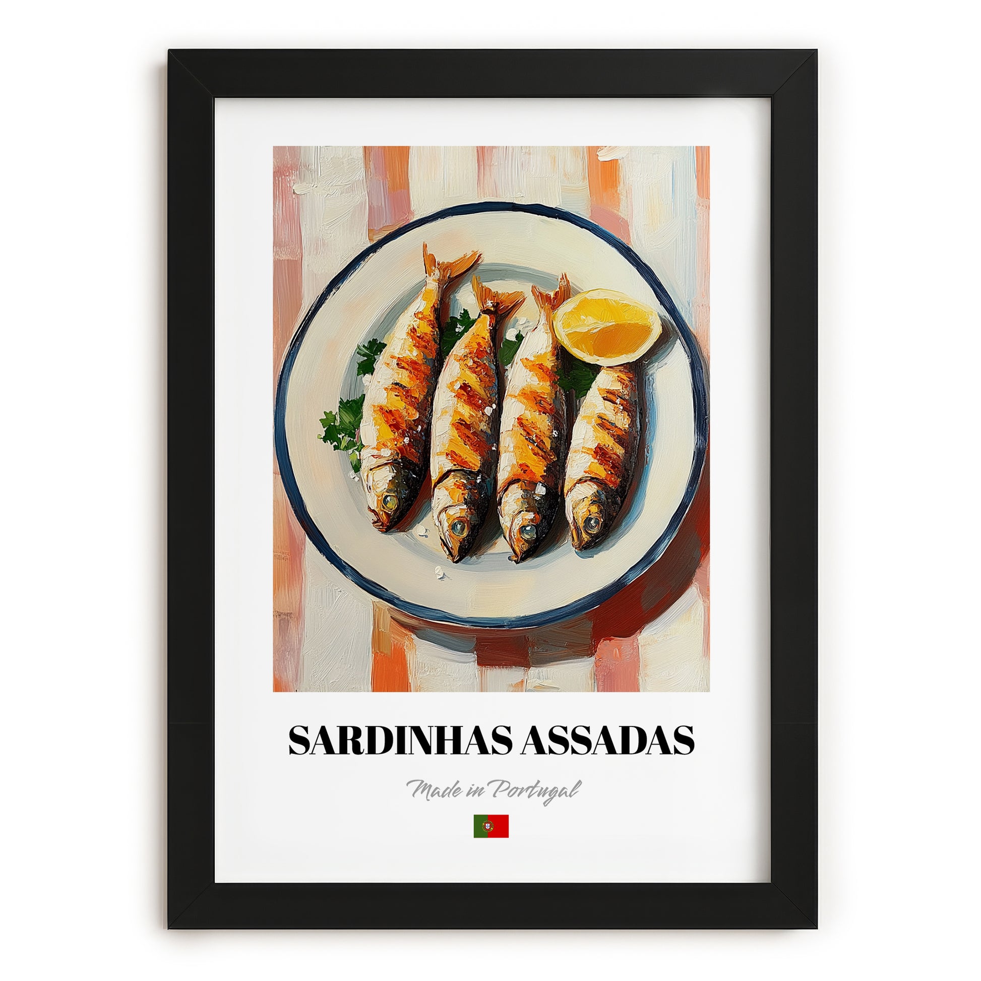 Sardinhas Assadas – on Striped Tablecloth, Portuguese Food Painting, in sleek black frame