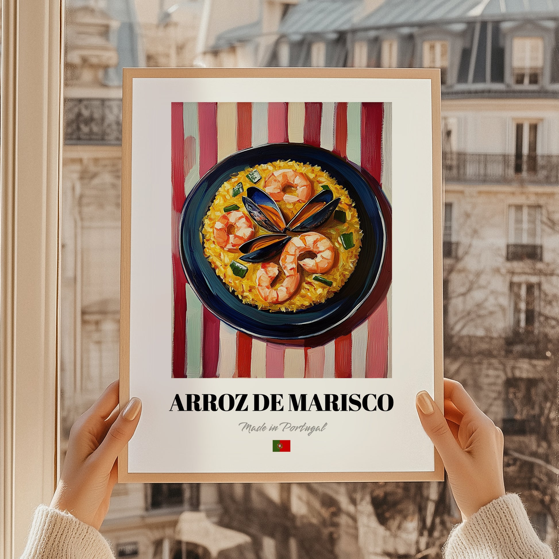 Arroz de Marisco – on Striped Tablecloth, Portuguese Food Wall Decor, styled in a charming Paris street view