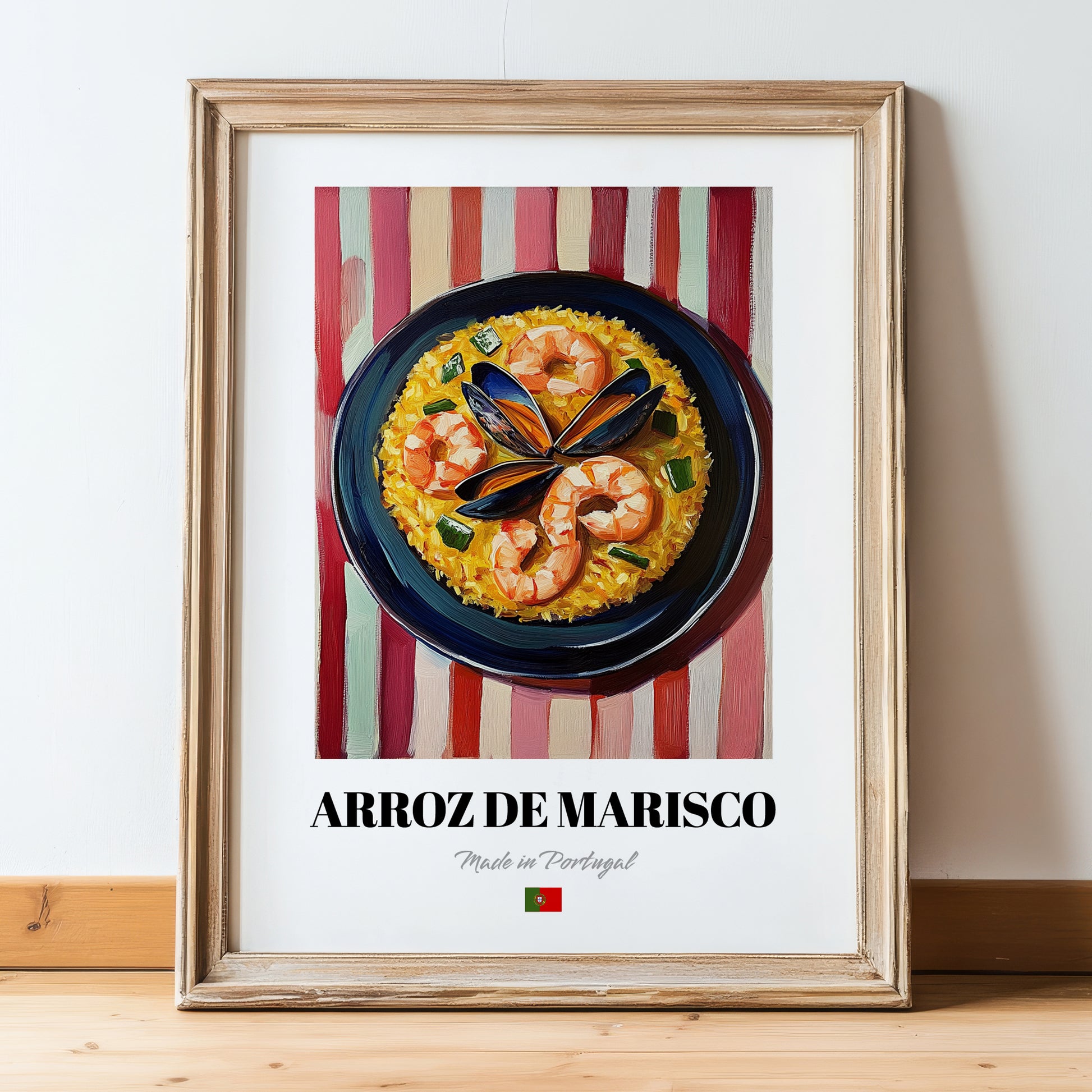 Arroz de Marisco – on Striped Tablecloth, Portuguese Food Wall Decor, in wooden frame leaning on the floor