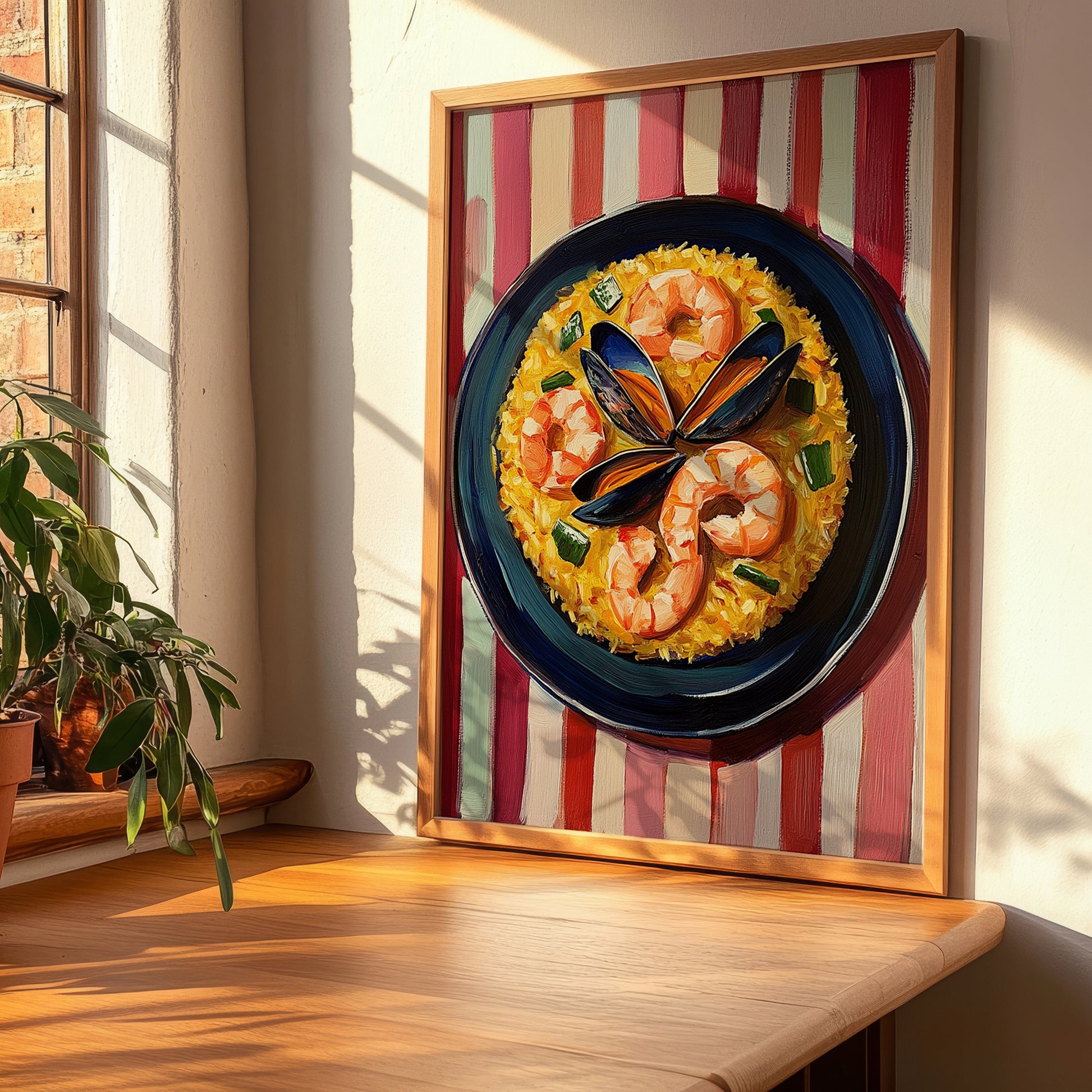 Arroz de Marisco – on Striped Tablecloth, Portuguese Food Wall Decor, clean layout with no caption