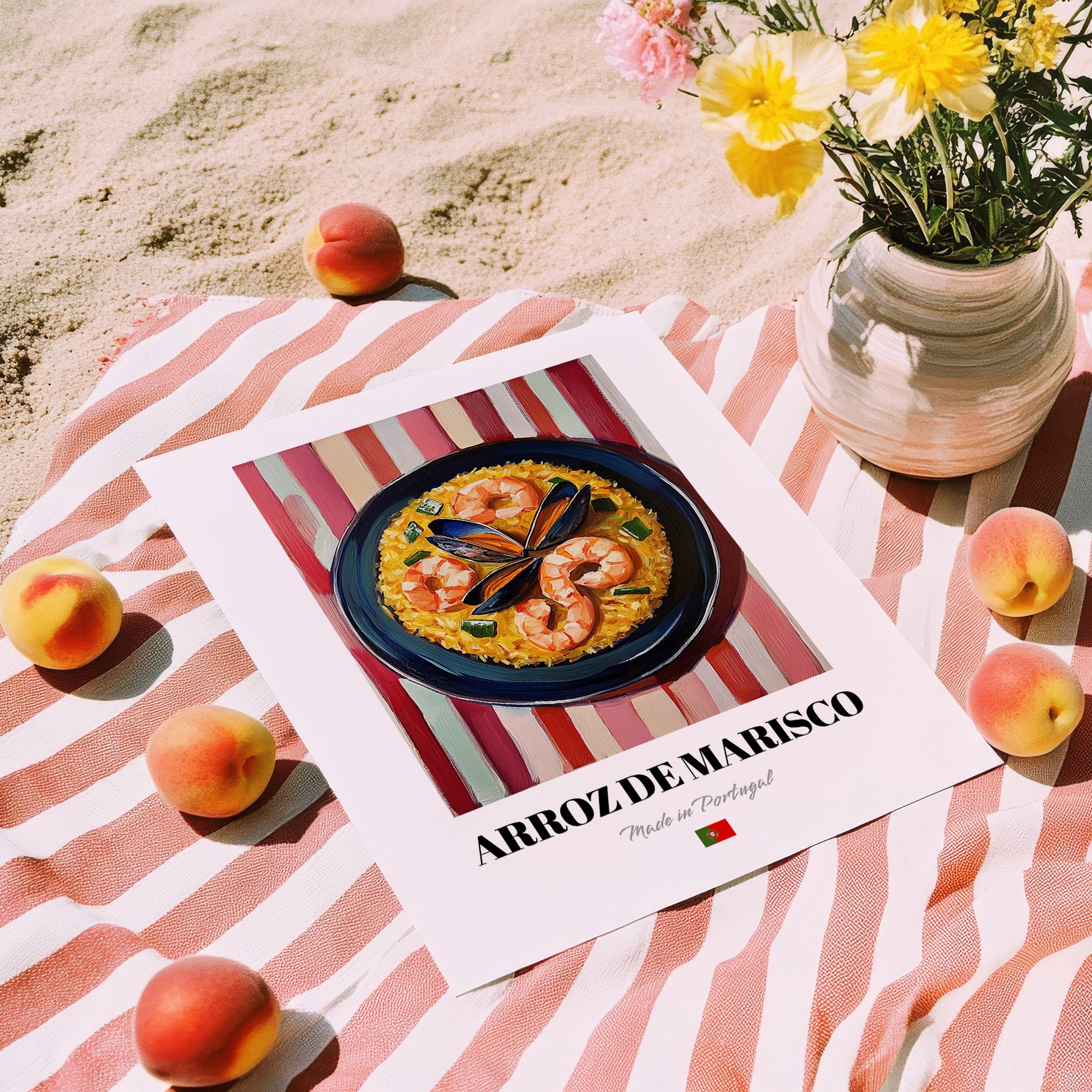 Arroz de Marisco – on Striped Tablecloth, Portuguese Food Wall Decor, unframed on coastal sand