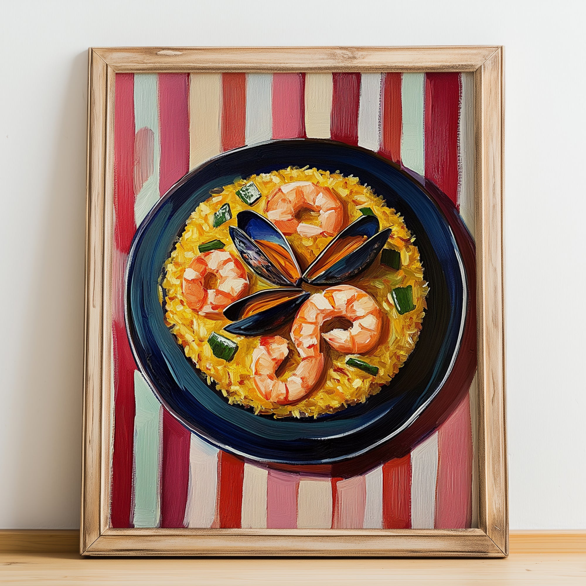 Arroz de Marisco – on Striped Tablecloth, Portuguese Food Wall Decor, no-text version framed in wood