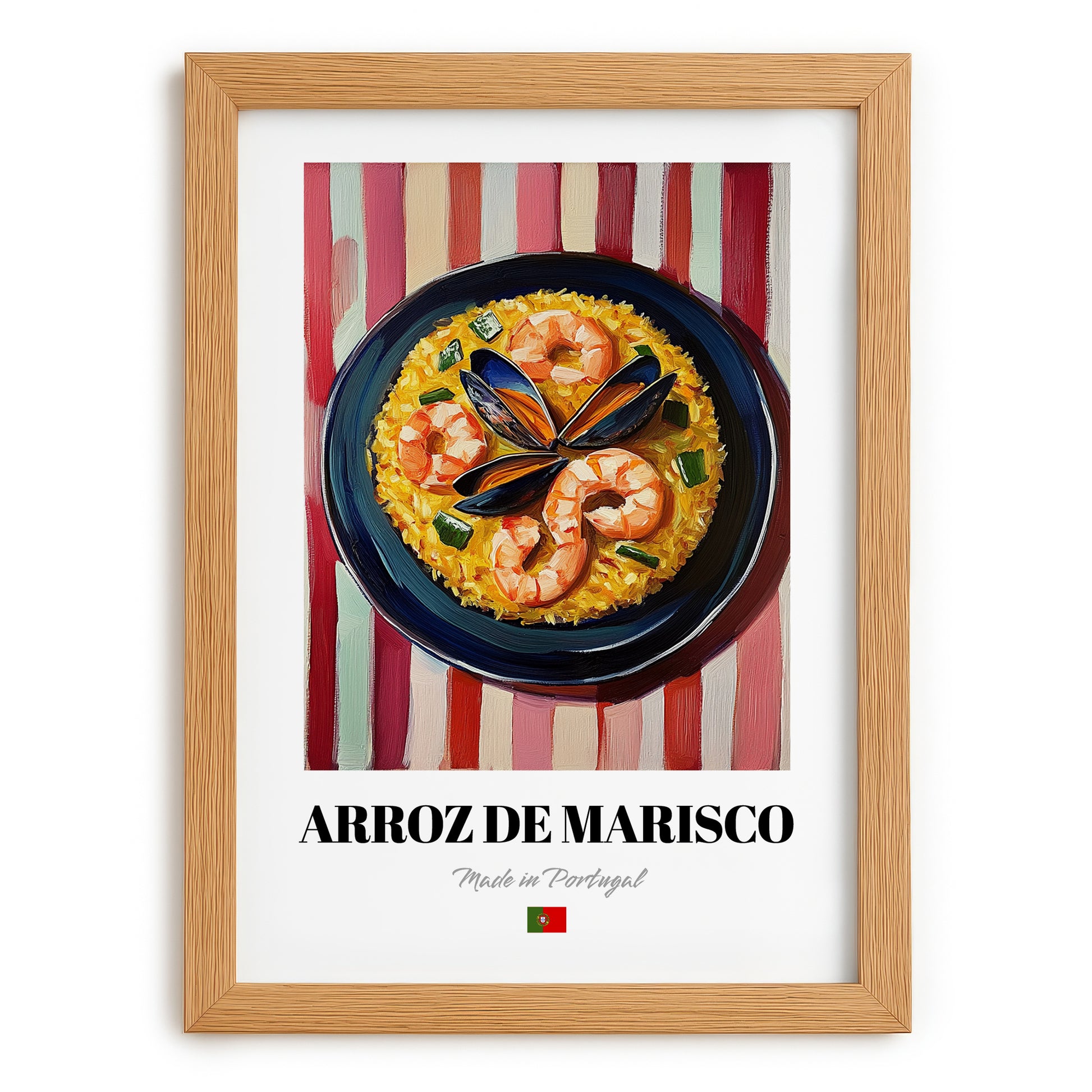 Arroz de Marisco – on Striped Tablecloth, Portuguese Food Wall Decor, set in oak frame