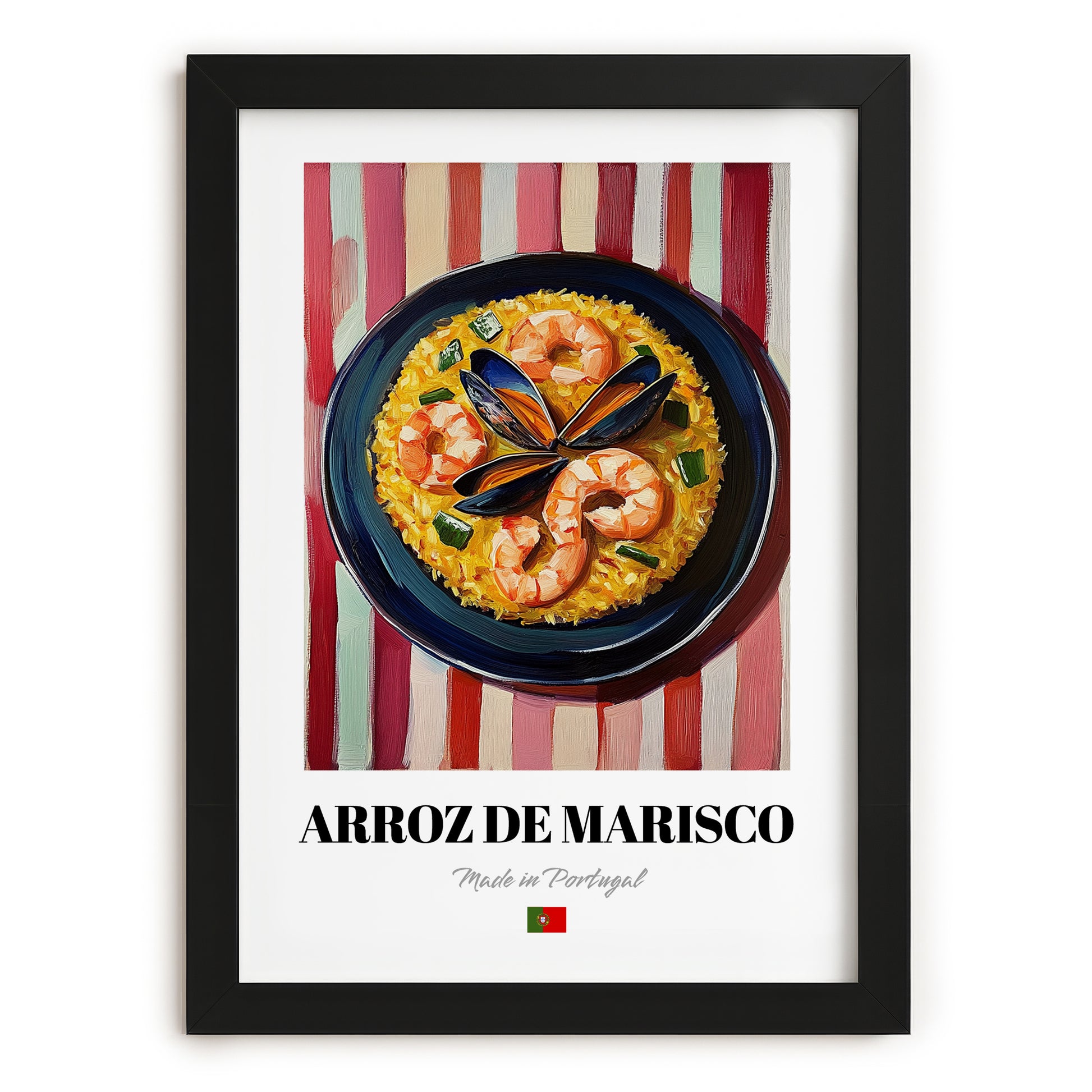 Arroz de Marisco – on Striped Tablecloth, Portuguese Food Wall Decor, in sleek black frame