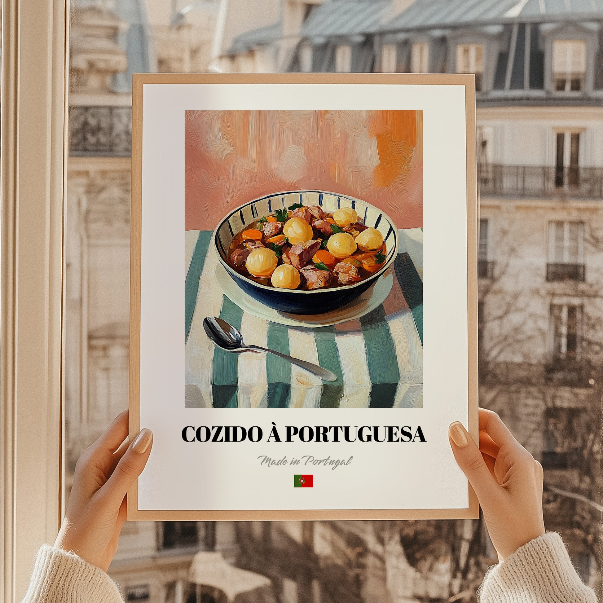Cozido à Portuguesa – on Striped Tablecloth, Portuguese Food Wall Art, styled in a charming Paris street view