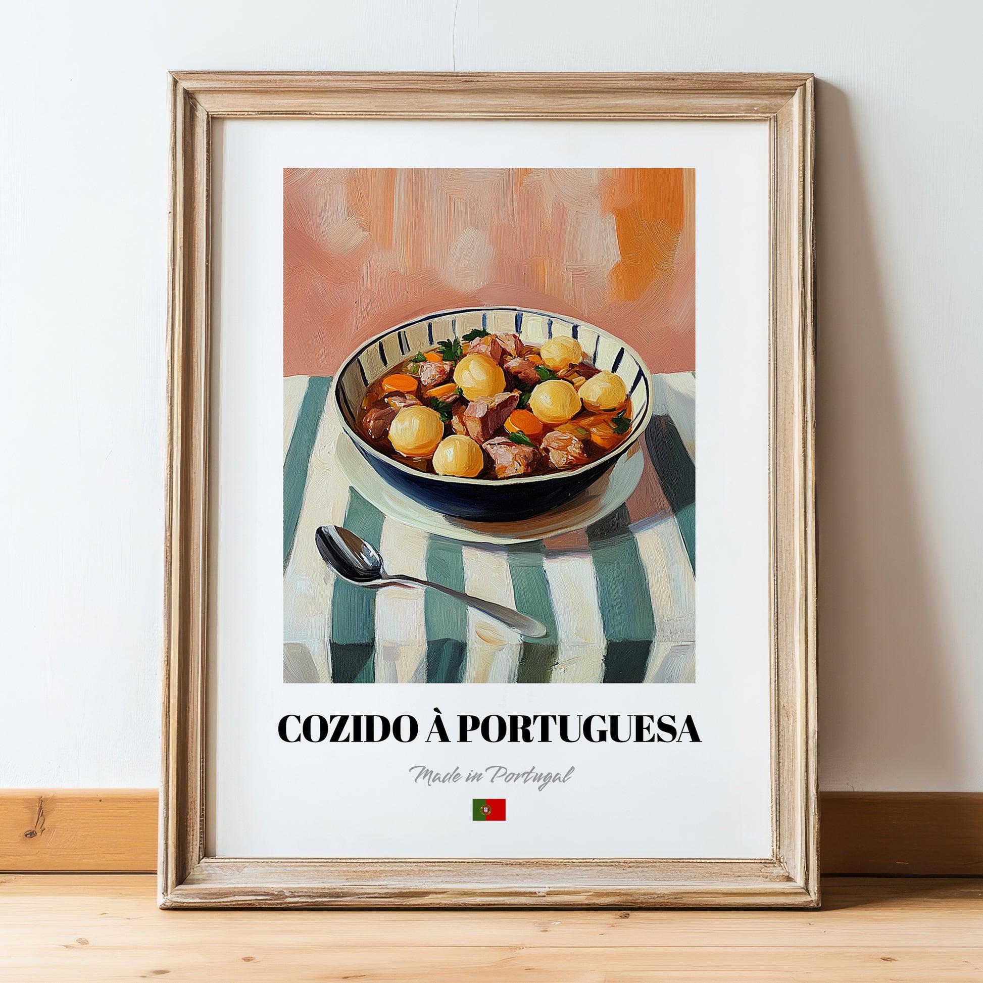 Cozido à Portuguesa – on Striped Tablecloth, Portuguese Food Wall Art, in wooden frame leaning on the floor