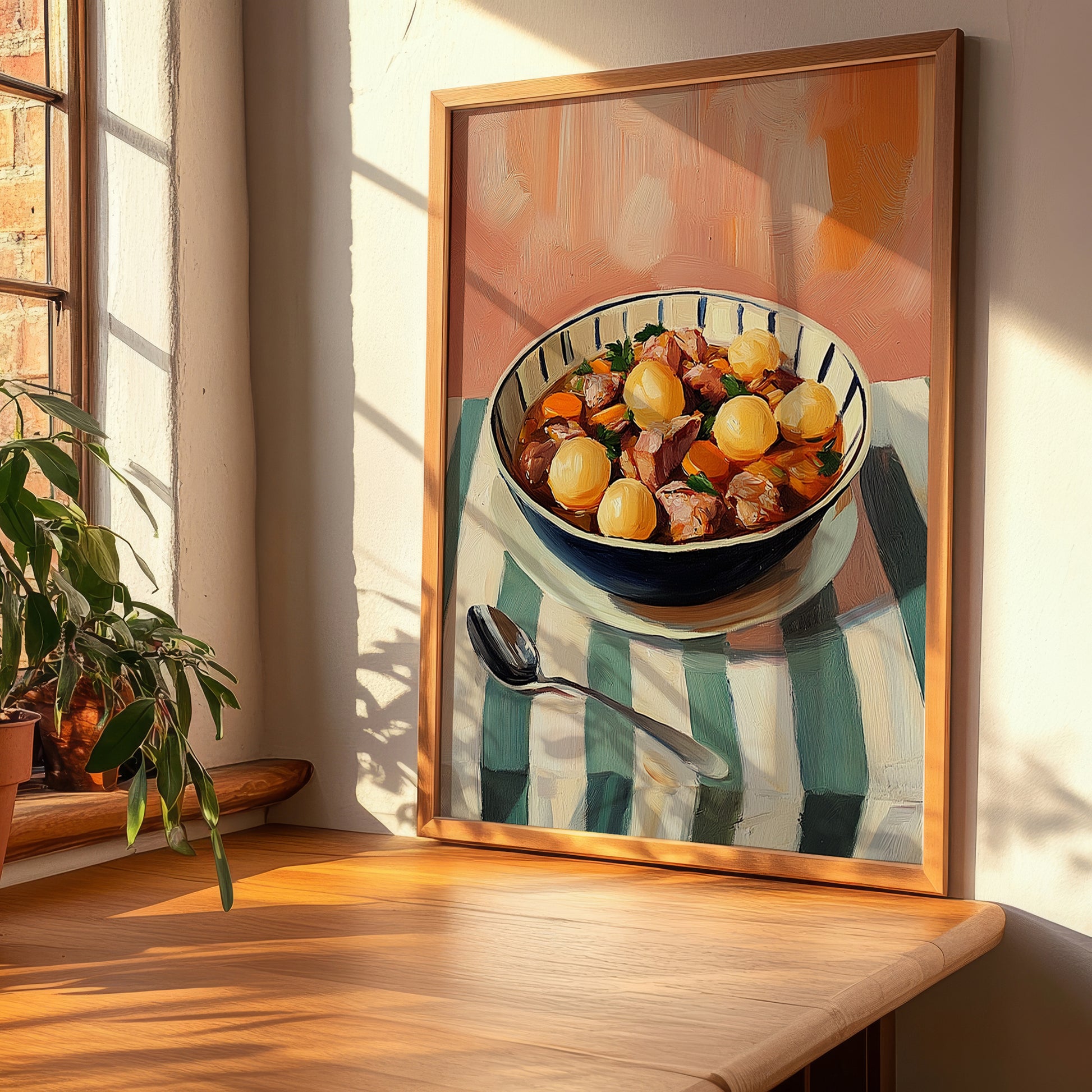 Cozido à Portuguesa – on Striped Tablecloth, Portuguese Food Wall Art, clean layout with no caption