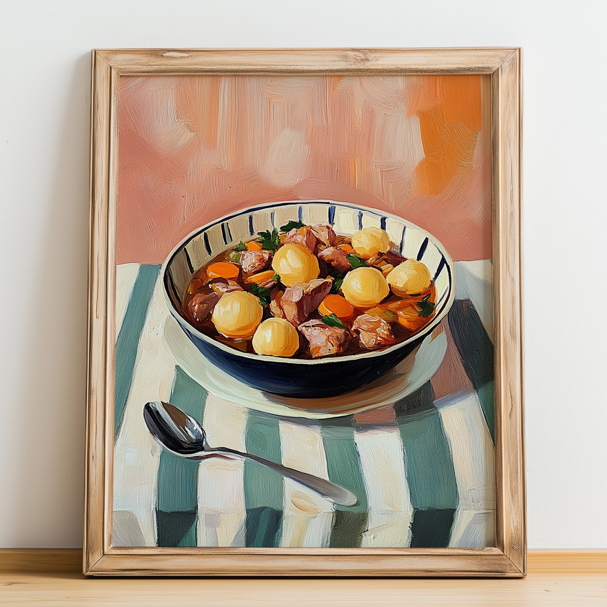 Cozido à Portuguesa – on Striped Tablecloth, Portuguese Food Wall Art, no-text version framed in wood