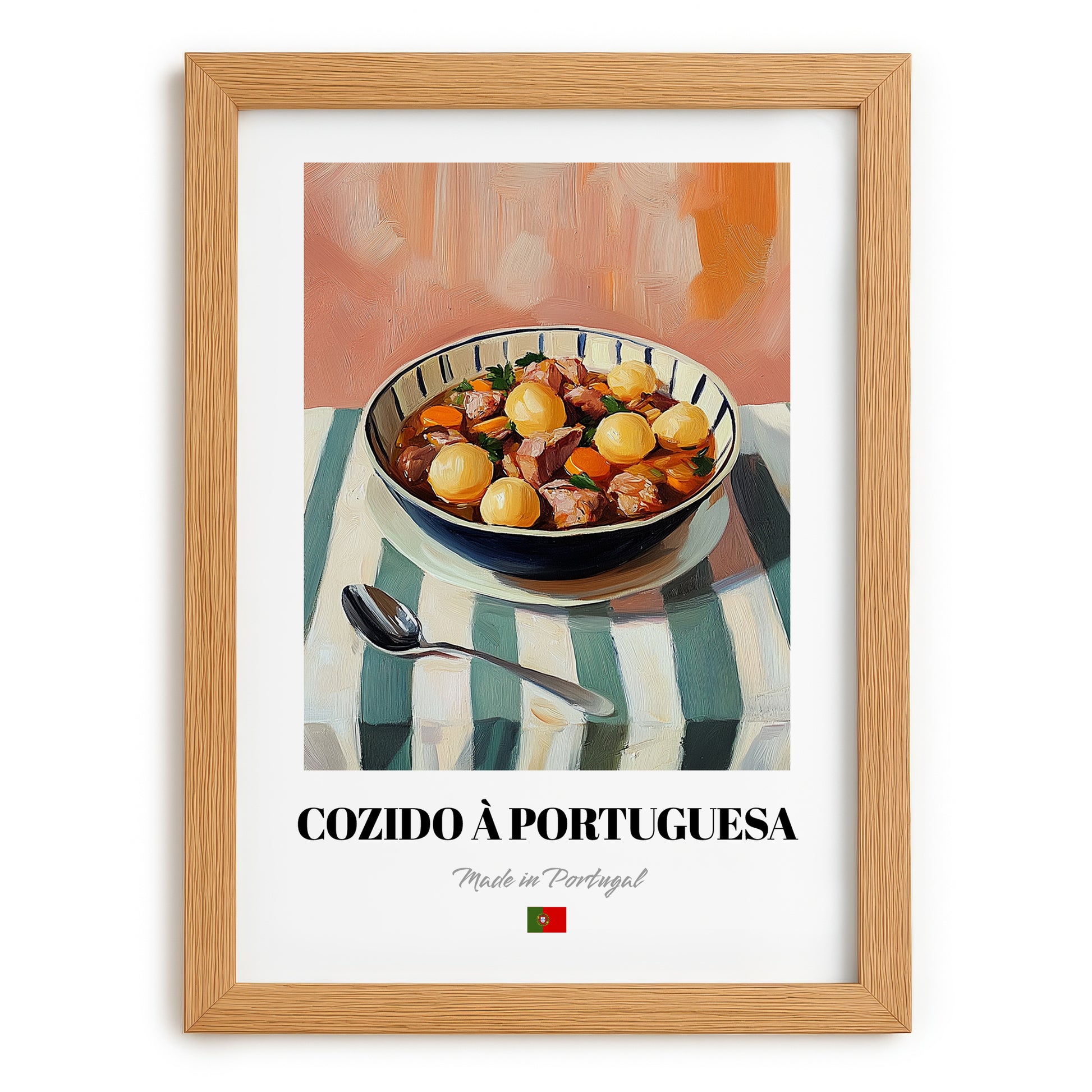 Cozido à Portuguesa – on Striped Tablecloth, Portuguese Food Wall Art, set in oak frame