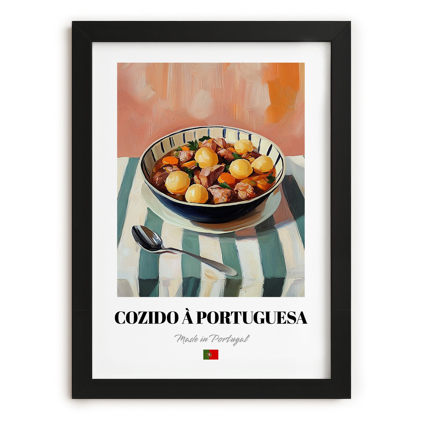 Cozido à Portuguesa – on Striped Tablecloth, Portuguese Food Wall Art, in sleek black frame