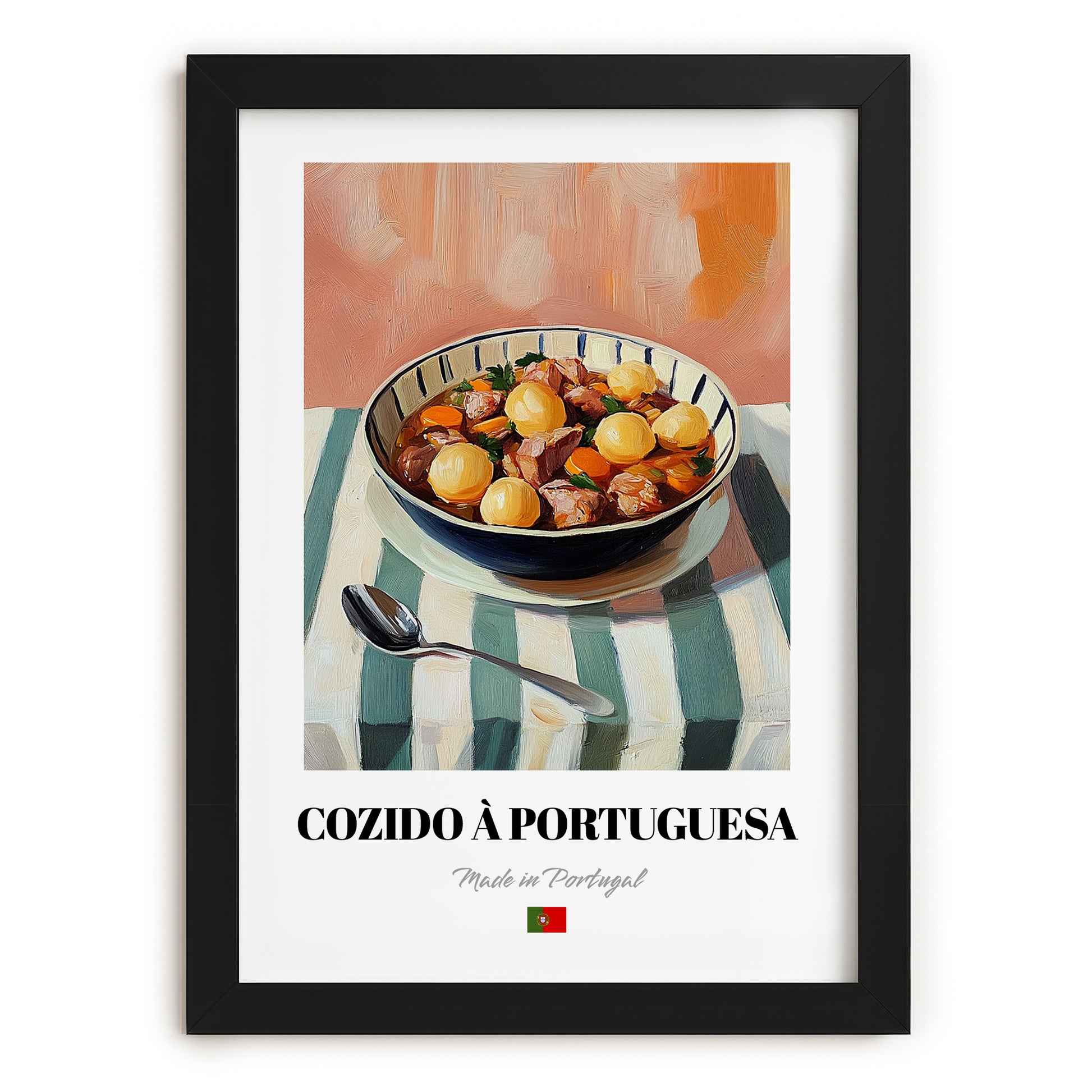 Cozido à Portuguesa – on Striped Tablecloth, Portuguese Food Wall Art, in sleek black frame