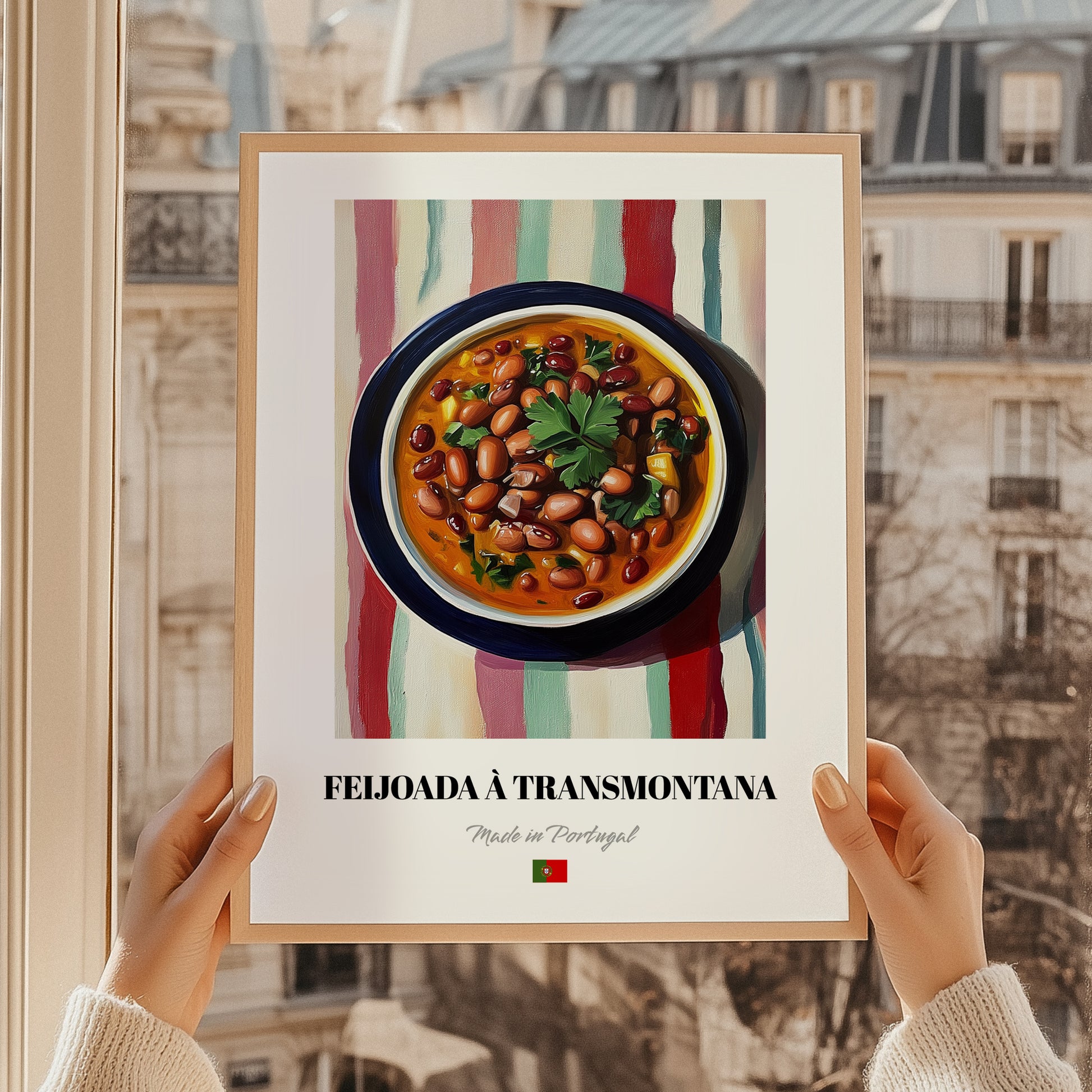 Feijoada à Transmontana – on Striped Tablecloth, Portuguese Food Print, styled in a charming Paris street view
