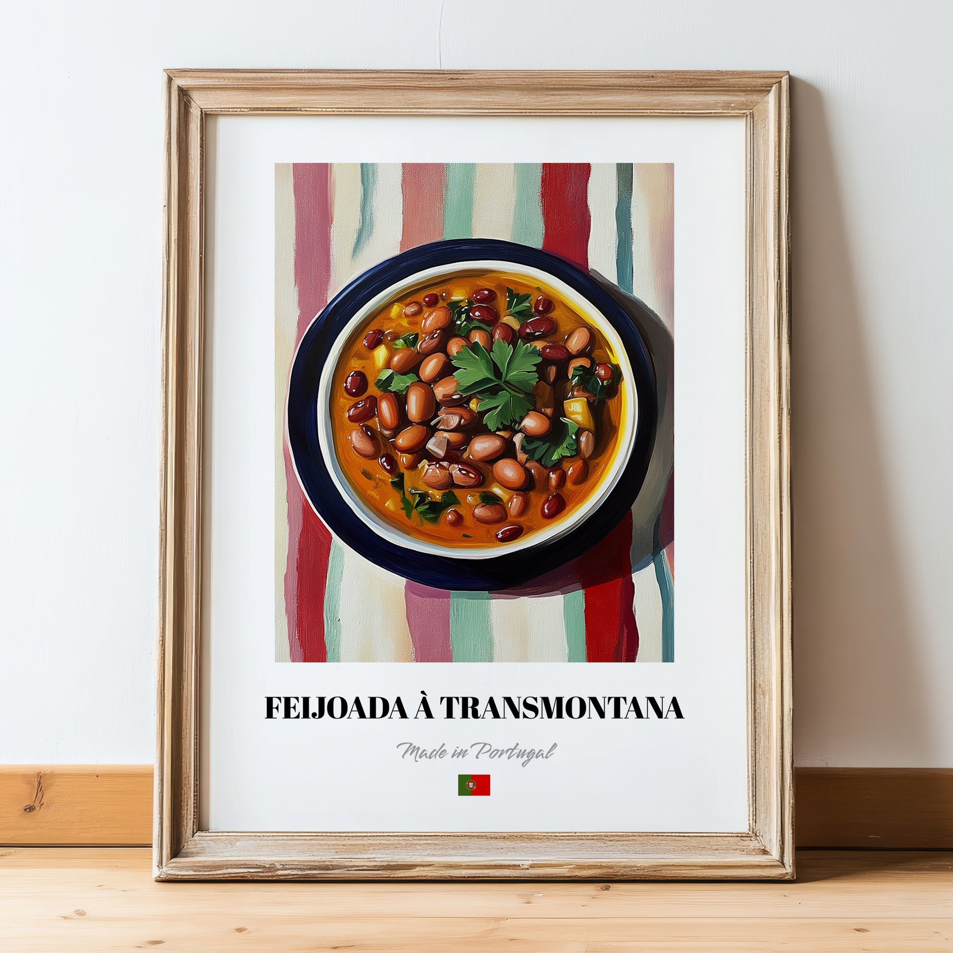 Feijoada à Transmontana – on Striped Tablecloth, Portuguese Food Print, in wooden frame leaning on the floor