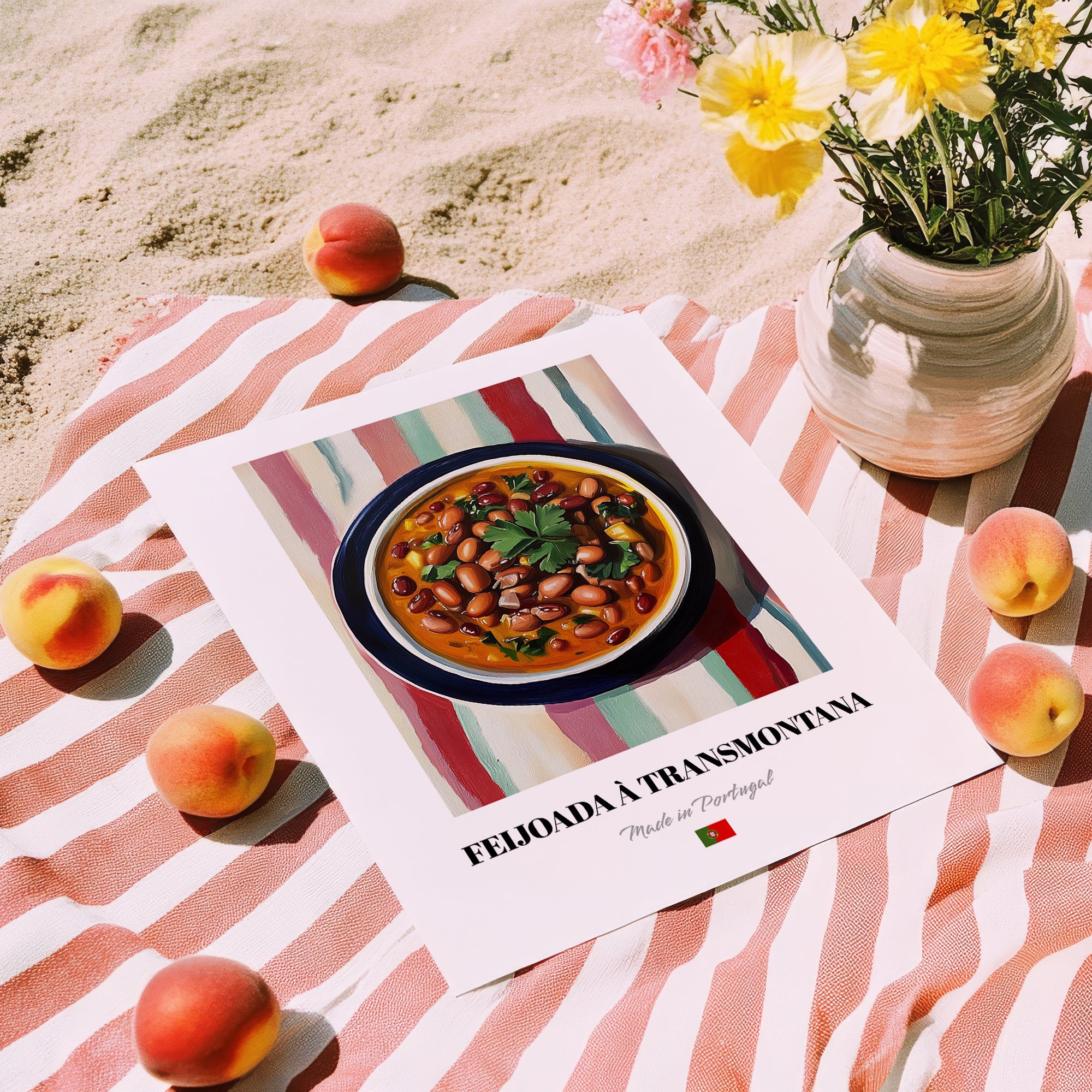 Feijoada à Transmontana – on Striped Tablecloth, Portuguese Food Print, unframed on coastal sand