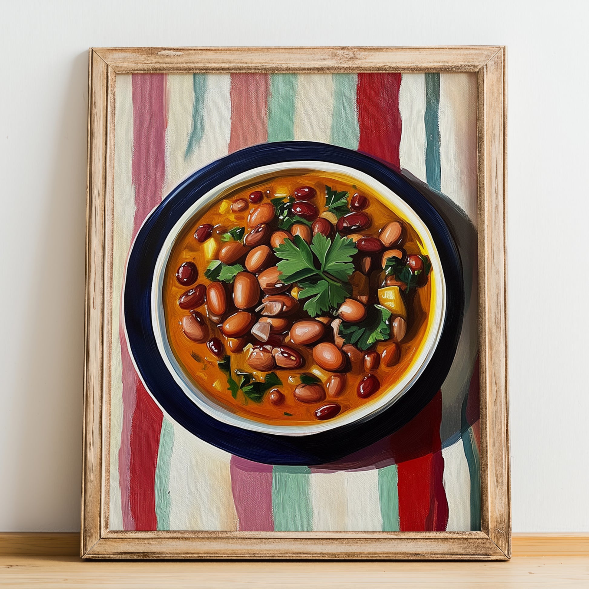Feijoada à Transmontana – on Striped Tablecloth, Portuguese Food Print, no-text version framed in wood
