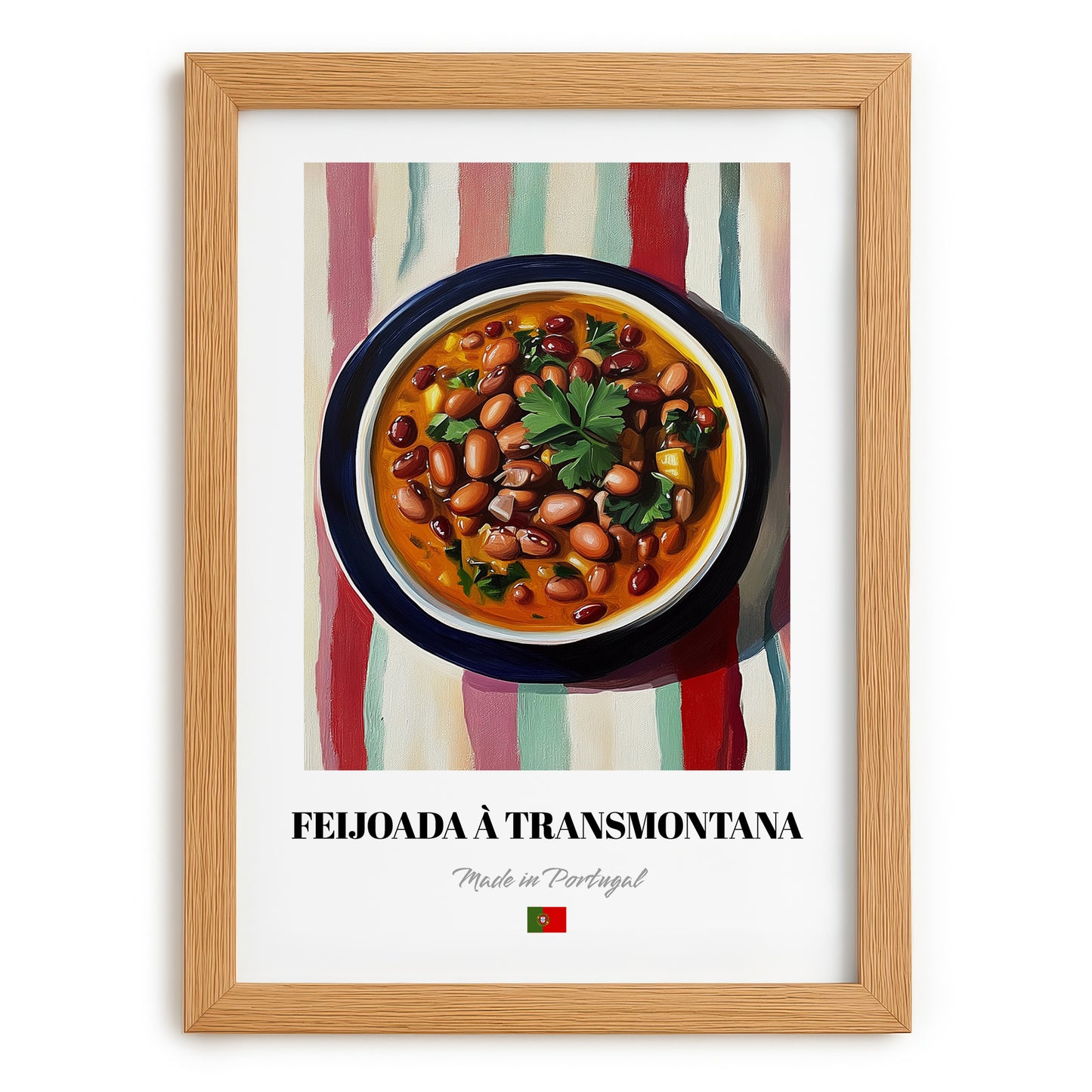 Feijoada à Transmontana – on Striped Tablecloth, Portuguese Food Print, set in oak frame