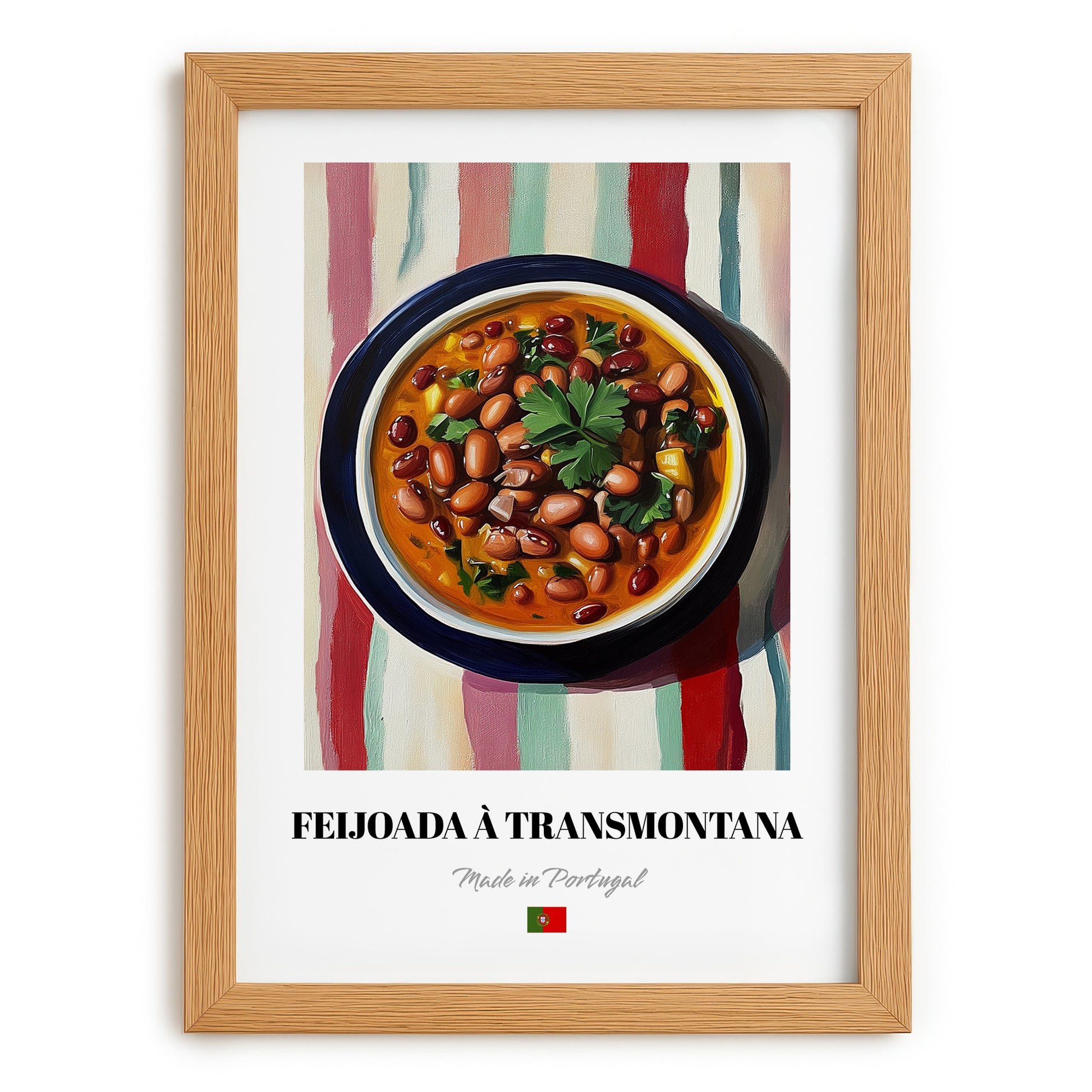 Feijoada à Transmontana – on Striped Tablecloth, Portuguese Food Print, set in oak frame