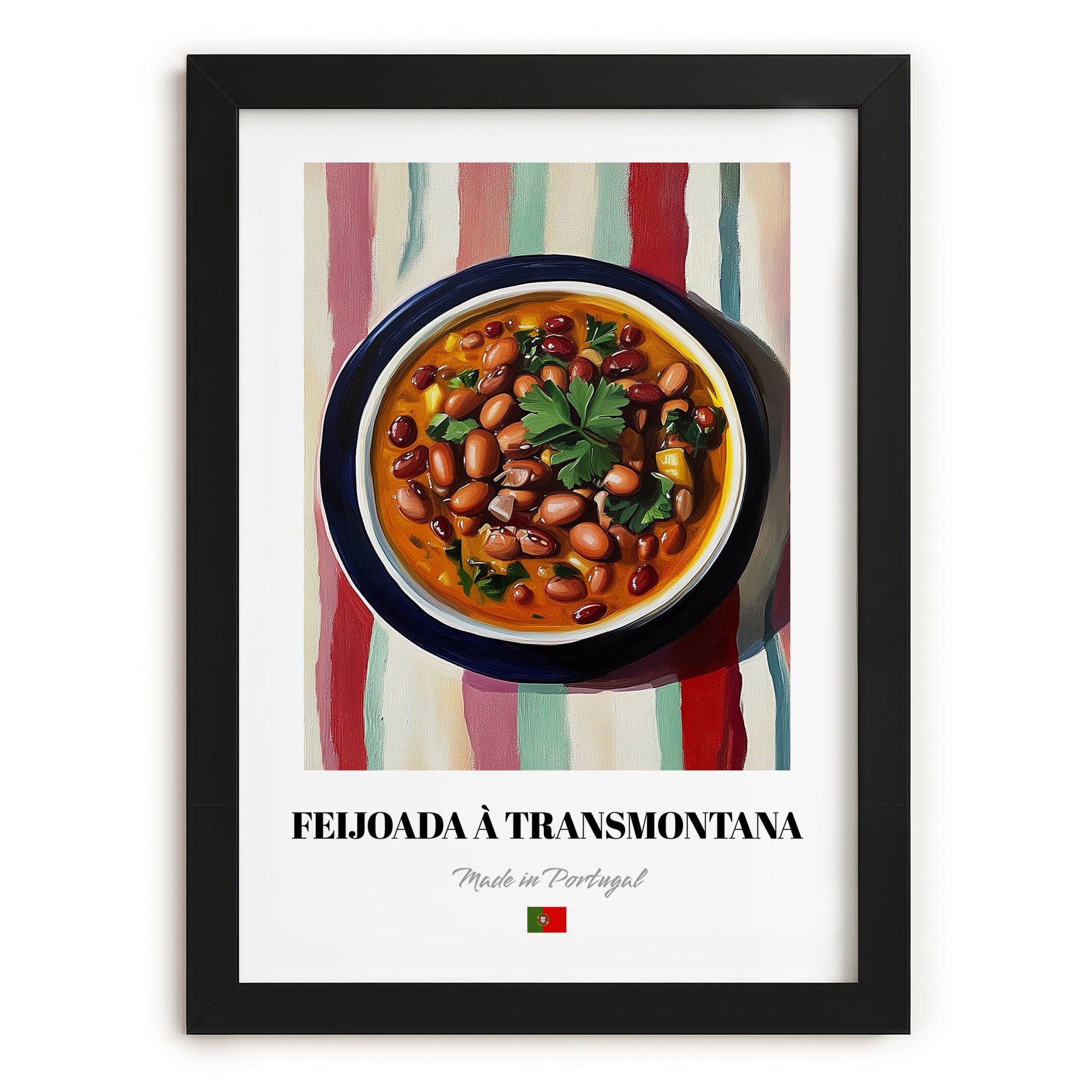 Feijoada à Transmontana – on Striped Tablecloth, Portuguese Food Print, in sleek black frame