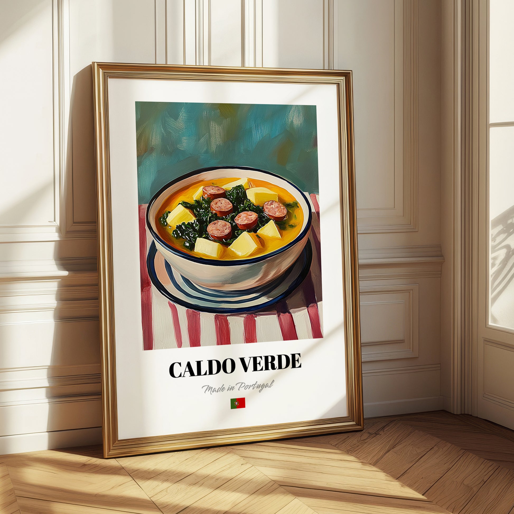 Caldo Verde – on Striped Tablecloth, Portuguese Food Painting