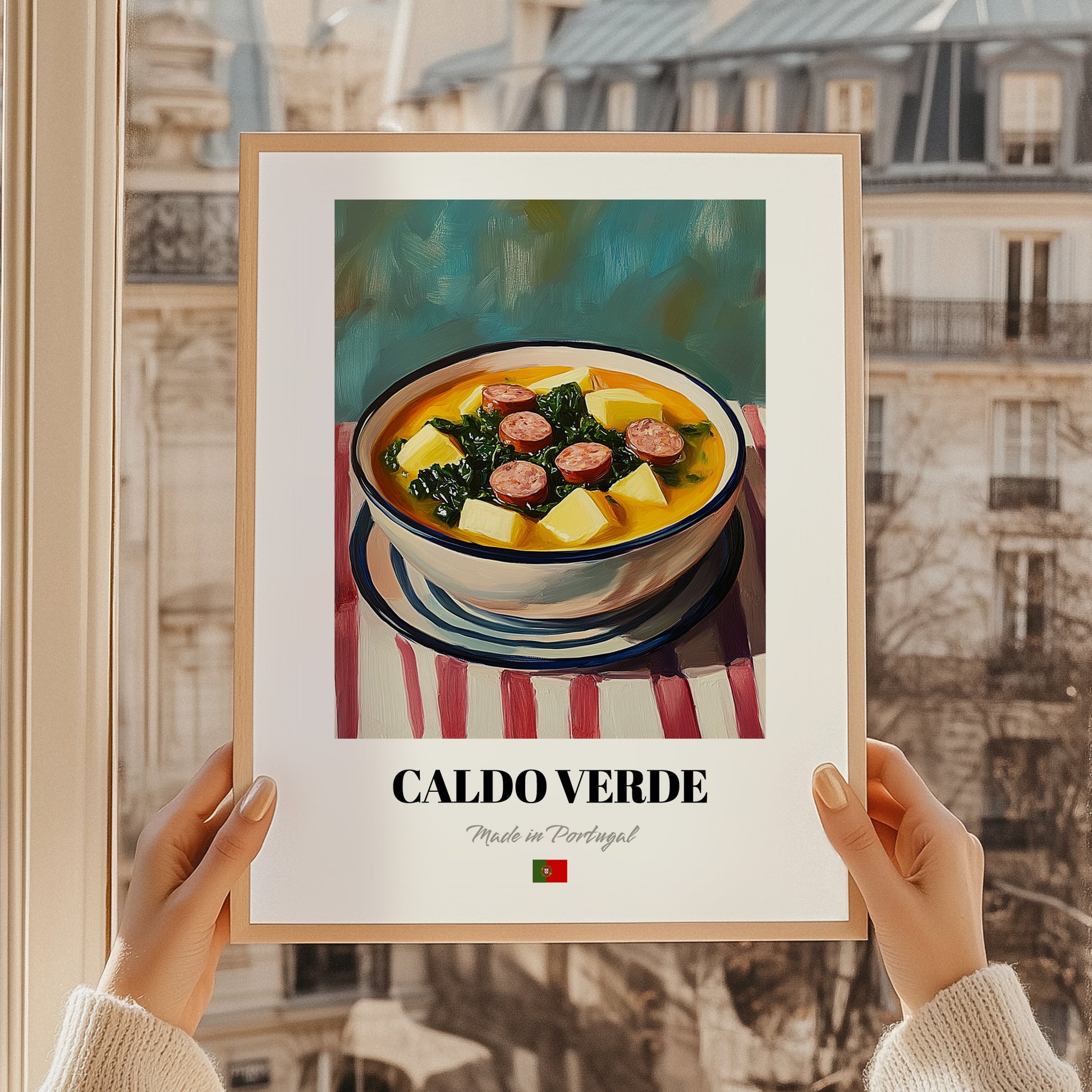 Caldo Verde – on Striped Tablecloth, Portuguese Food Painting, styled in a charming Paris street view