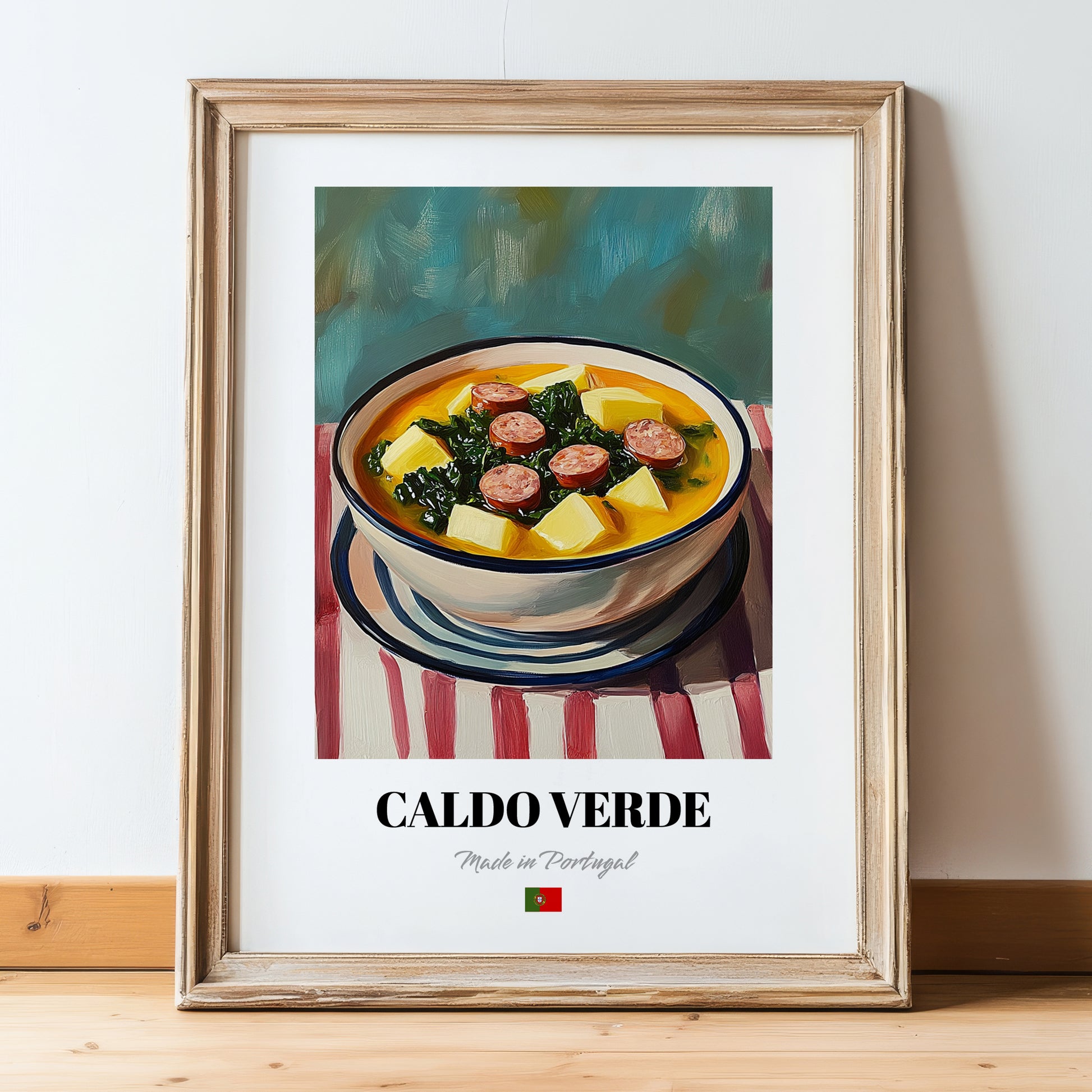 Caldo Verde – on Striped Tablecloth, Portuguese Food Painting, in wooden frame leaning on the floor