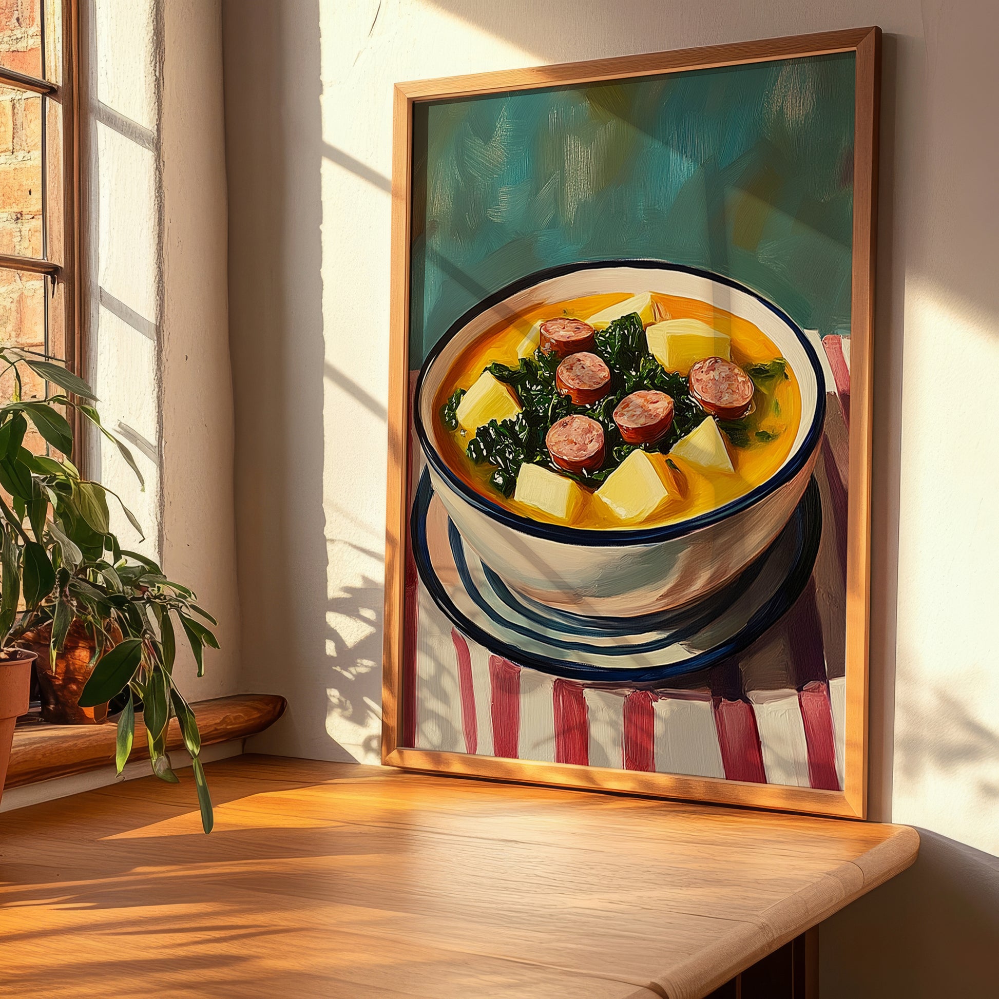 Caldo Verde – on Striped Tablecloth, Portuguese Food Painting, clean layout with no caption