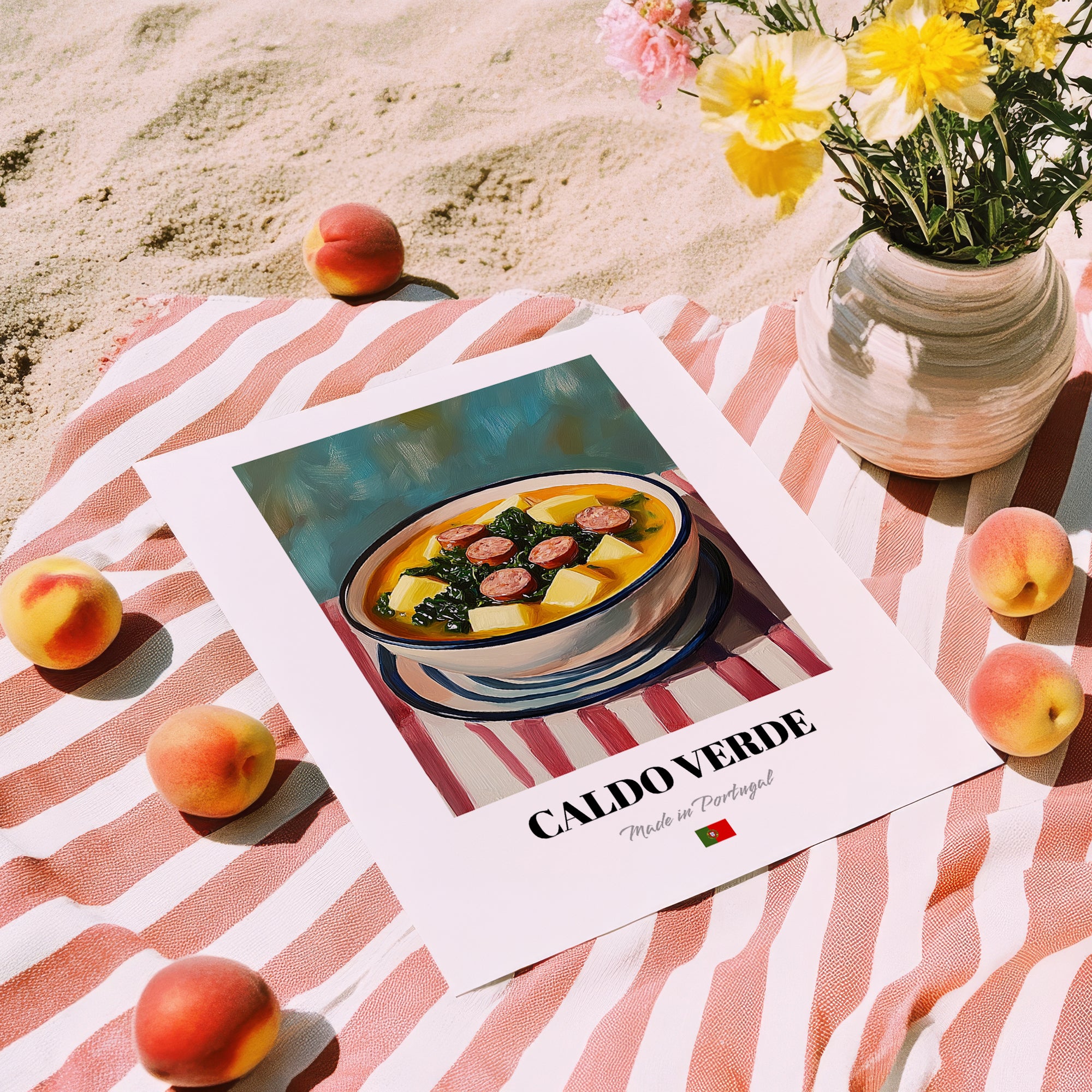 Caldo Verde – on Striped Tablecloth, Portuguese Food Painting, unframed on coastal sand