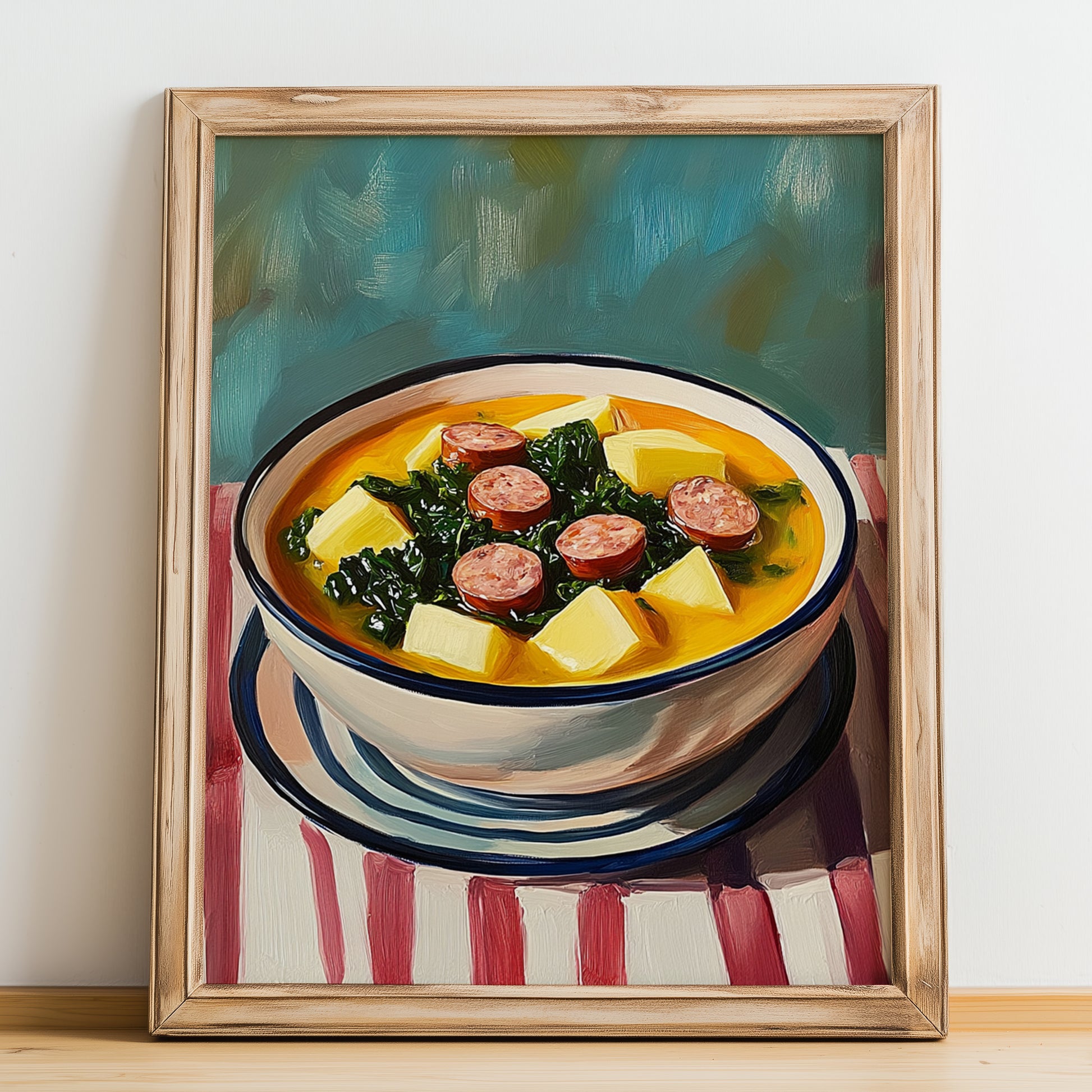 Caldo Verde – on Striped Tablecloth, Portuguese Food Painting, no-text version framed in wood