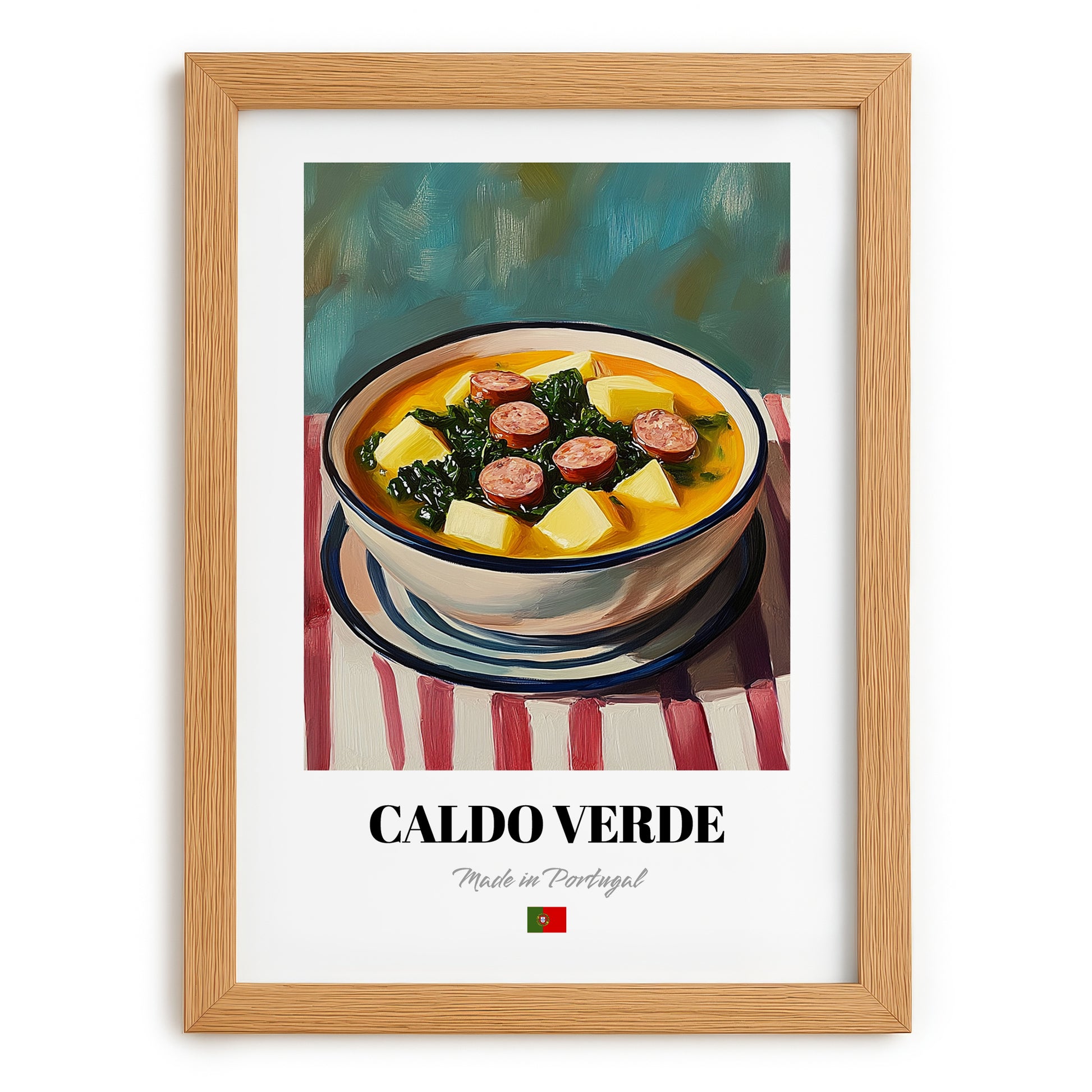Caldo Verde – on Striped Tablecloth, Portuguese Food Painting, set in oak frame