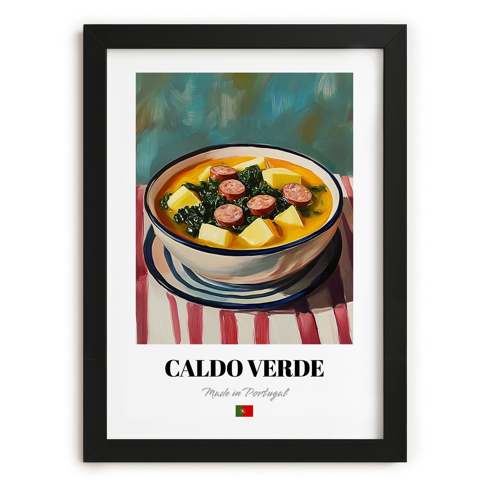 Caldo Verde – on Striped Tablecloth, Portuguese Food Painting, in sleek black frame