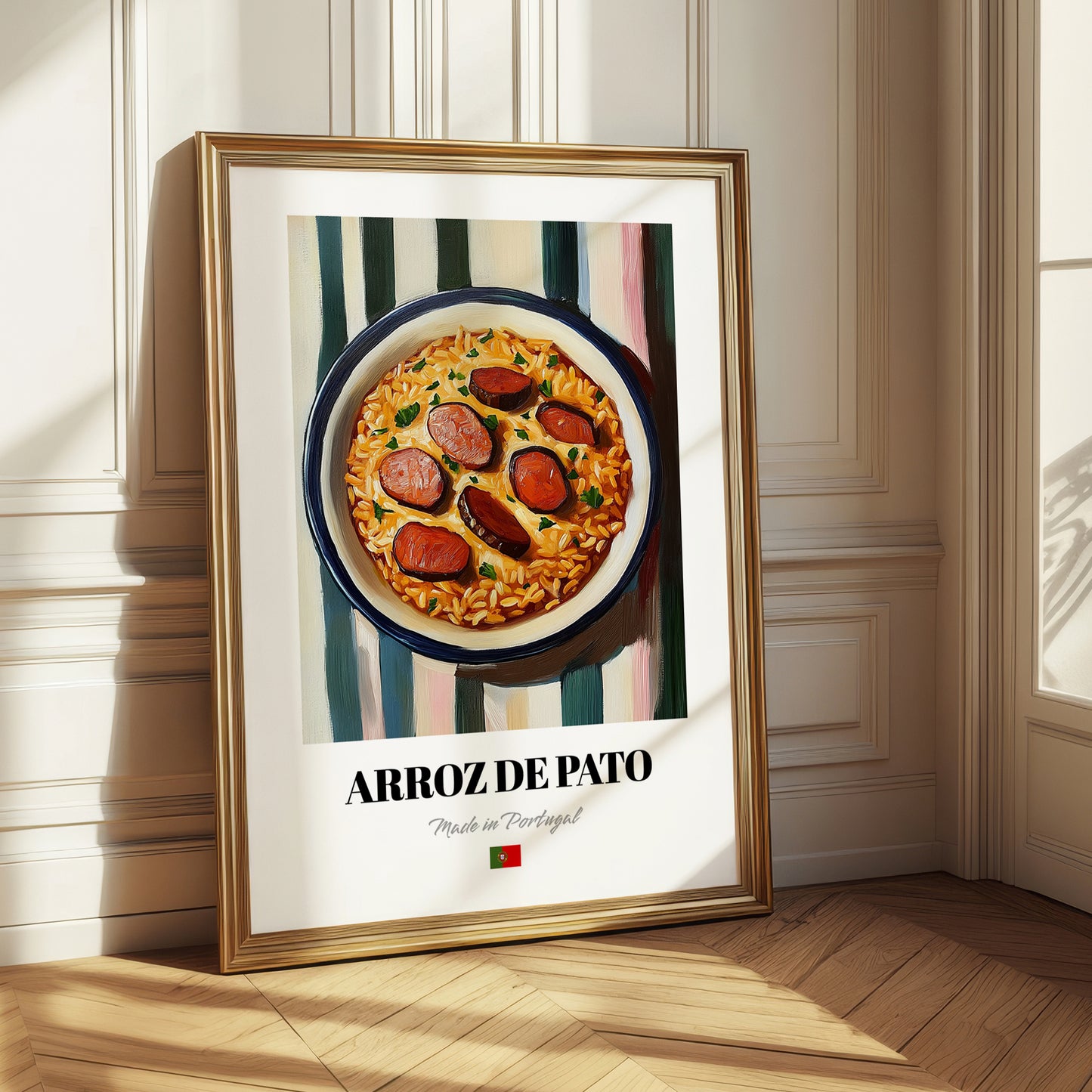 Arroz de Pato – on Striped Tablecloth, Portuguese Food Art